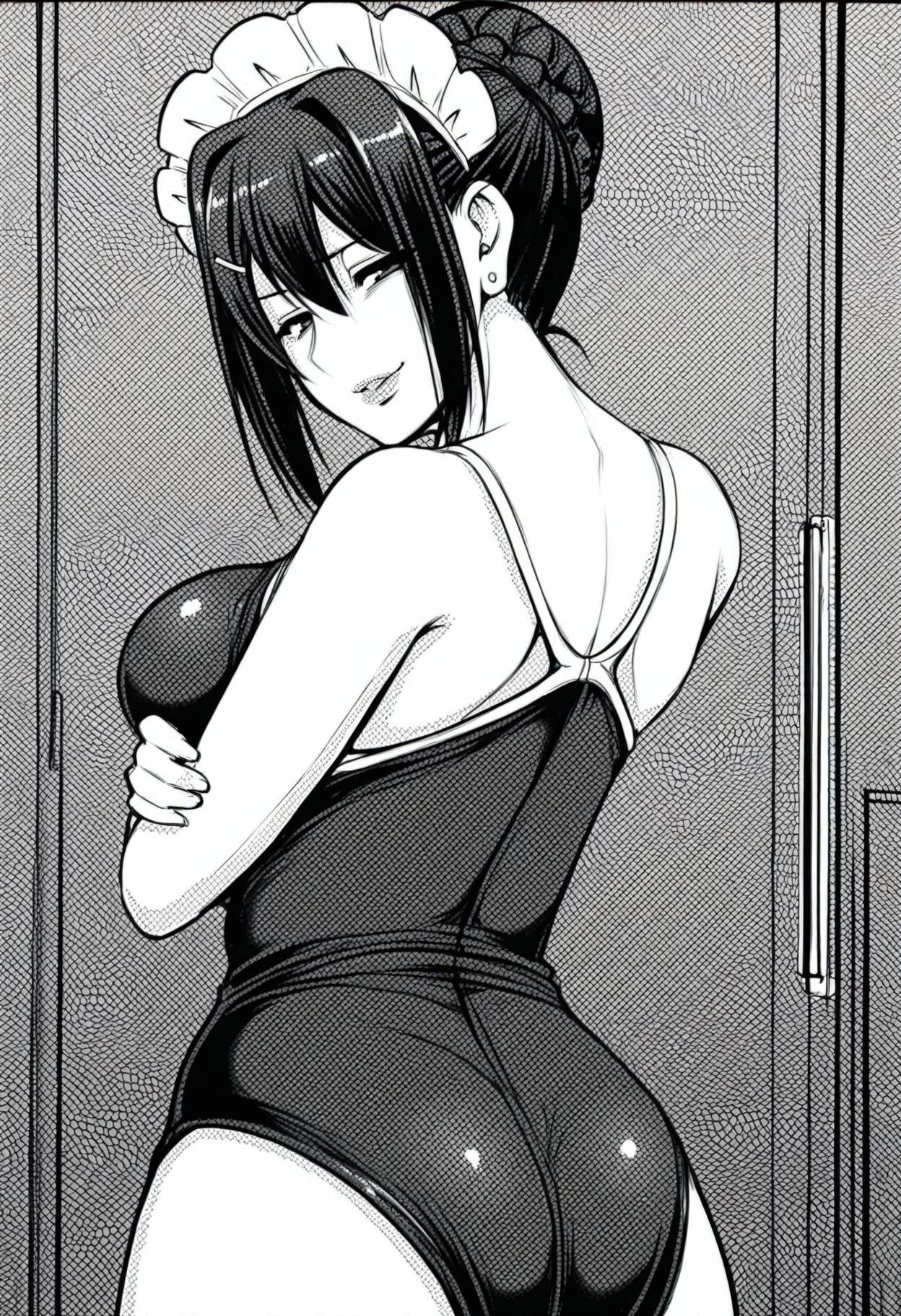 Appearance:
Race: Female Dark Elf
Skin: Dark
Eyes: Blindfolded
Expression: Smiling
Mouth: Closed
Body Type: Maternal
Chest: Large, covered with clothing
Pose:
Standing by a wooden pole, looking down at the viewer