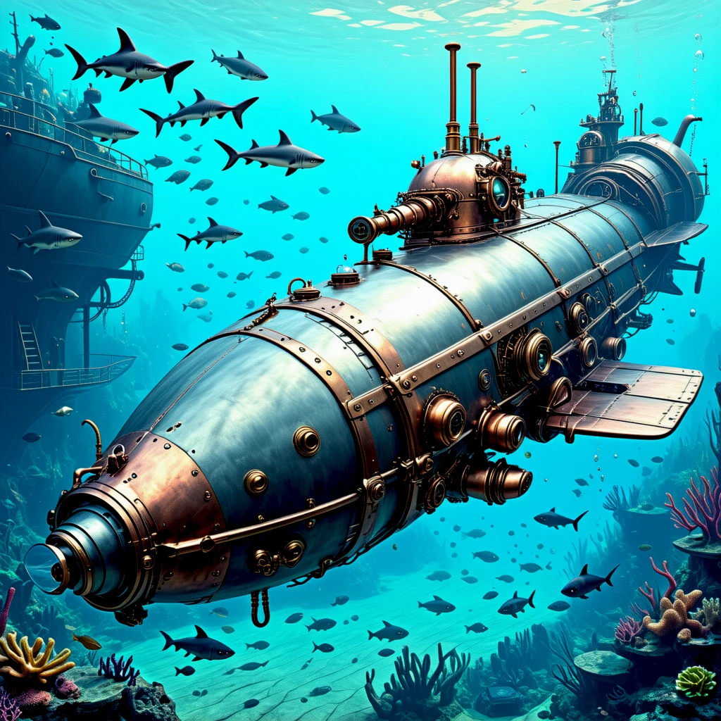 A streamlined underwater steampunk submarine. Surrounded by sharks.
stmpnkCE_style