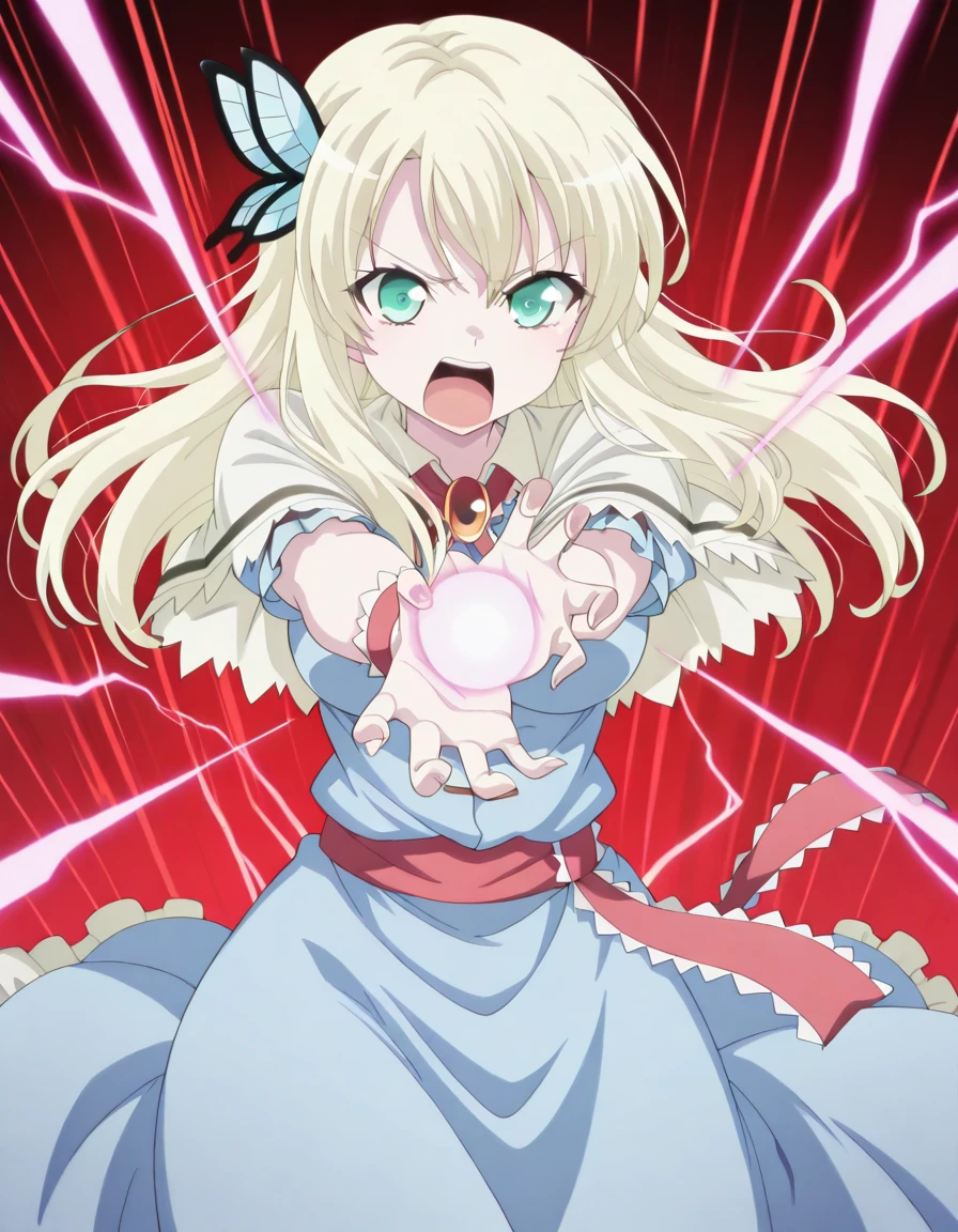 masterpiece, best quality, amazing quality,, <lora:sena-kashiwazaki-s2-illustriousxl-lora-nochekaiser:1>, sena kashiwazaki, long hair, blonde hair, hair ornament, aqua eyes, butterfly hair ornament, mature female, breasts, anime screencap, <lora:alice-margatroid-cosplay-illustriousxl-lora-nochekaiser:1>, alice margatroid cosplay, alice margatroid (cosplay), blue dress, bow, bowtie, red bowtie, brooch, capelet, dress, jewelry, red sash, sash, white capelet, wrist cuffs, frilled skirt, frills, frilled capelet, frilled sash, frilled ribbon,, <lora:kamehameha-illustriousxl-lora-nochekaiser:1>, kamehameha, kamehameha (dragon ball), open mouth, outstrecthed arms, torn clothes, shouting, energy, energy beam, energy ball, electricity,, furrowed_brow, , , ,