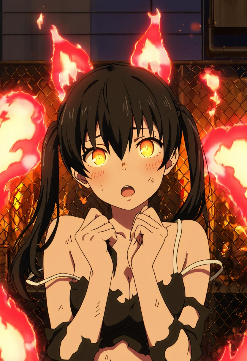 masterpiece, best quality, good quality, very awa, newest, highres, absurdres,outdoors,TamakiKotatsu-FireForce,
Tamaki Kotatsu \(Fire Force\), 1girl, solo, long hair, breasts, looking at viewer, blush, open mouth, bangs, black hair, cleavage, hair between eyes, bare shoulders, twintails, medium breasts, yellow eyes, upper body, off shoulder, torn clothes, hands up, glowing, fire, glowing eyes, strap slip, Nekomata, evening, bruise, flaming tail, flaming ear,
,<lora:Tamaki Kotatsu (Fire Force) Illustrious v3:0.8>