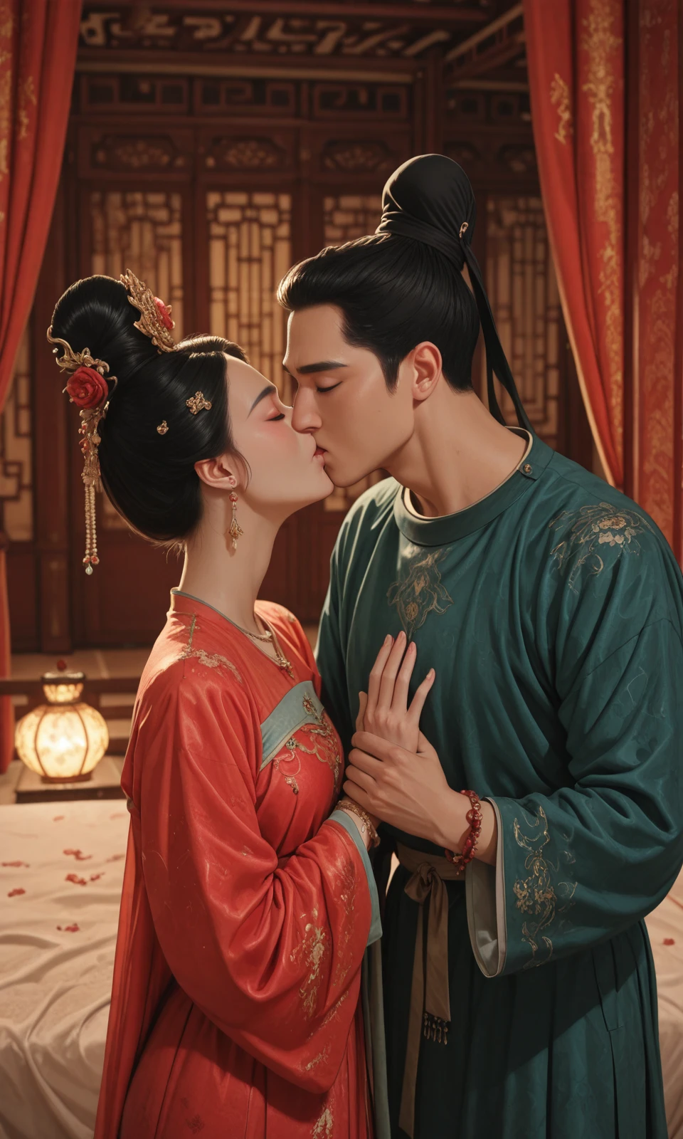 (1boy/gsfh, kiss, chinese clothes, black hair, hair bun, flower, hair ornament, jewelry, closed eyes, long sleeves, single hair bun, earrings, 1girl, hanfu, bracelet, 1boy, hetero, architecture, couple, hanfu, lyz and lc, lyz, lc, princess, Round-collar robe, bed, curtain, lyz at left, lc at right),
masterpiece, best quality, amazing quality, very aesthetic, absurdres, newest, haute couture,
light from one side, dark shadow,