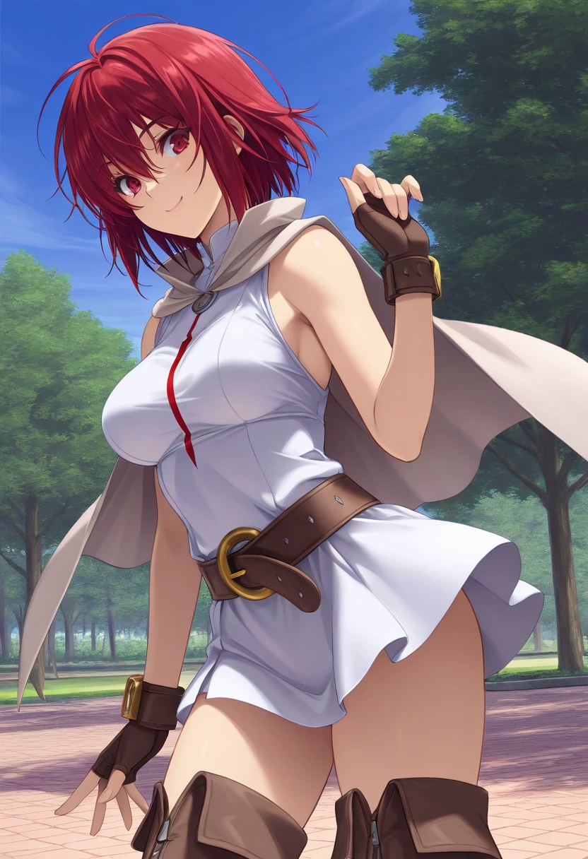 best quality, masterpiece, high quality, vesta_harem, 1girl, large breasts, cleavage, navel_cutout, side_slit, [[[[[red eyes]]]]], BREAK red_leggings, oversized_belt, white_dress, [[[white_loincloth]]], BREAK holding_sword, cloudy_sky, sunlight