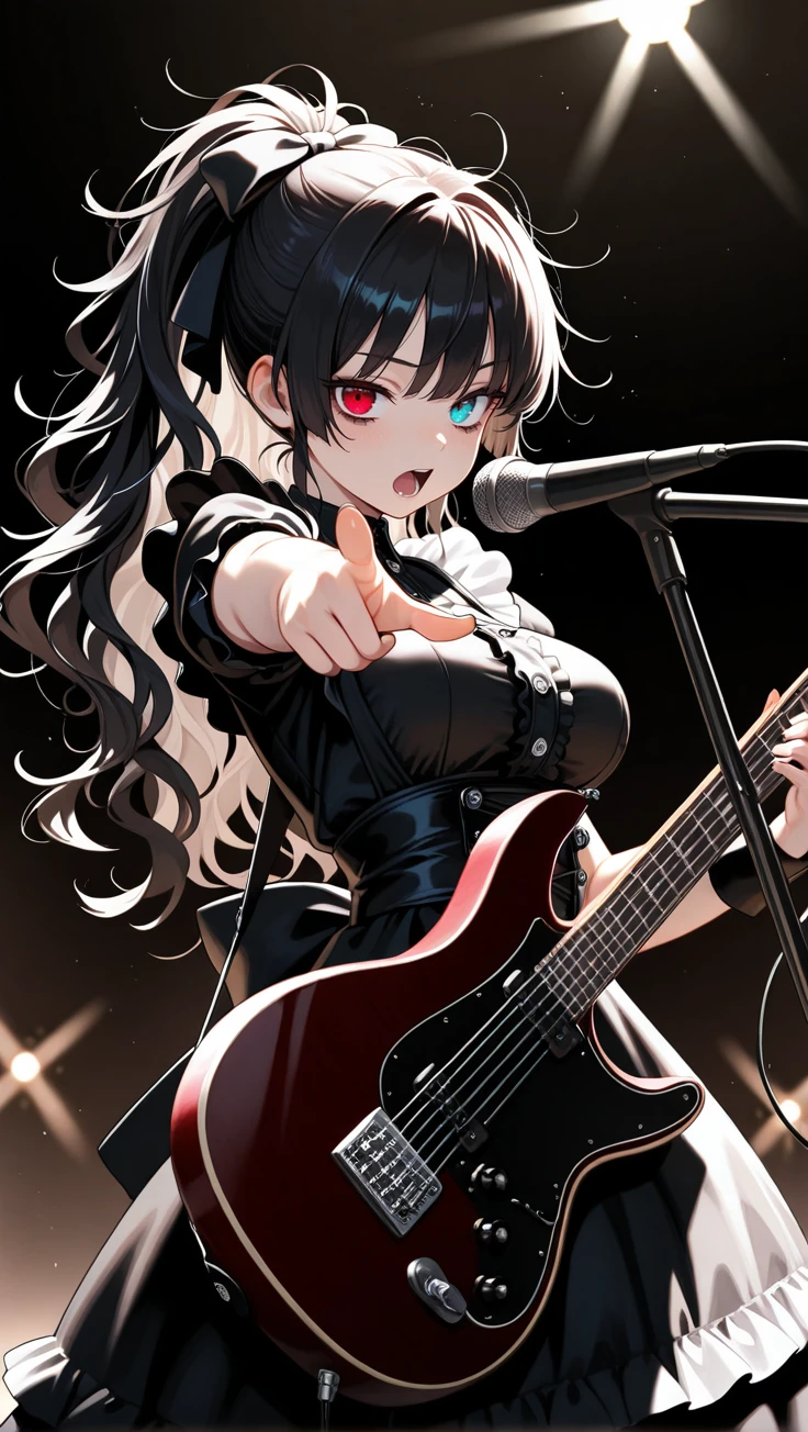 masterpiece, best quality, amazing quality, solo, 1girl, heterochromia, long wavy messy hair, ponytail, medium breasts, goth fashion, maid outfit, hair ribbon, playing electric guitar, singing, pointing at viewer, stage lights, dark background