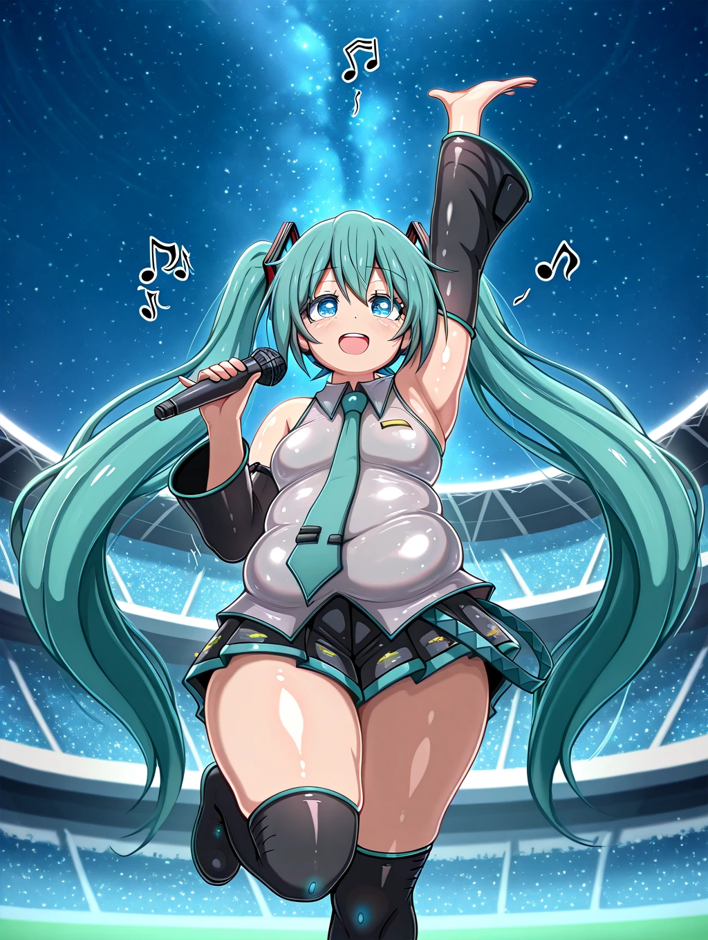 (Highest quality:1.2, Very detailed, Latest, Vibrant, Super detailed, High Contrast, masterpiece:1.2, Highest quality, Best aesthetics), ((brown hair)),((splashing semen)), ((cum on body)), (nsfw), ((detail erectile nipples)), woman, miku hatsune, Ahoge, Aqua Eye, Aqua Hair, Crossed bangs, Hair between the eyes, hair ornaments, Headphones, Long Hair, Twin tails, aqua tie, Black footwear, black skirt, Black sleeves, boots, collared shirt, Removable sleeves, grey shirt, tie, pleated skirt, shirt, skirt, Sleeveless, Sleeveless shirt, Perfect body line, Skin with attention to detail, cute, Detailed face, (((Face Up Shot:1.2))), (Random Pause), ((spot, stage, ライブstage:1.4)), Accurate Fingers, Light effects, Dance Motion, sensational, erotic, Soft lighting, (white panties), ((cameltoe)), (anus),(
