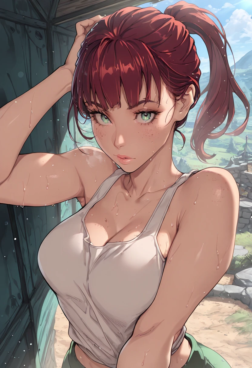 masterpiece, best quality, 1girl, red hair, medium breasts, freckles, green eyes, lips, blunt bangs, short hair with long locks, looking at viewer, ponytail, tank top, sweat, outdoors, sunlight, light particles,
<lora:Shun Saeki (10):1>