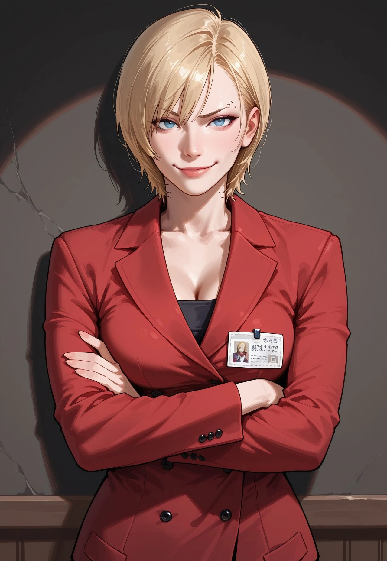 masterpiece, best quality, detailed, realistic, uneven eyebrows, smirk, 1girl, solo, Alysreo, blonde hair, short hair, blue eyes, Red suit jacket, red pants, name tag, crossed arms,