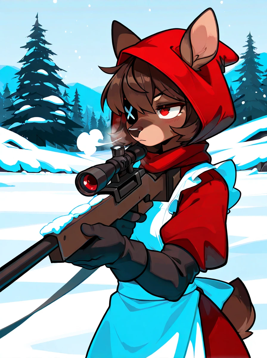 digital media \(artwork\), (masterpiece, high quality, best quality, 8k uhd, absurd res, very aesthetic, newest),solo,  <lora:AppleSuizilla-Illustrious:1> anthro, deer, female, eyepatch, red eye, brown hair, short hair, brown body, red clothes, hood, white apron, hooves, sniper rifle, aiming weapon, breath, snow, black gloves,