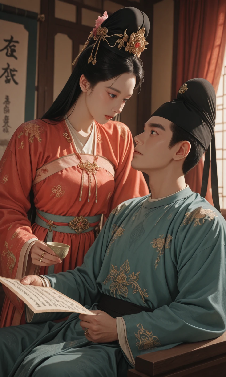 (1girl/gsfh, hwf, hanfu, long sleeves, black hair, hair bun, jewelry, chinese clothes, holding a pice of paper, single hair bun, scroll, paper),
(1boy/gsfh, jcy, hanfu, hat, black hair, ring, holding a cup),
jcy and hwf, jcy at left, hwf at right, talk, maintained eye contact, indoors, curtains,
masterpiece, best quality, amazing quality, very aesthetic, absurdres, newest, haute couture,
light from one side, dark shadow,