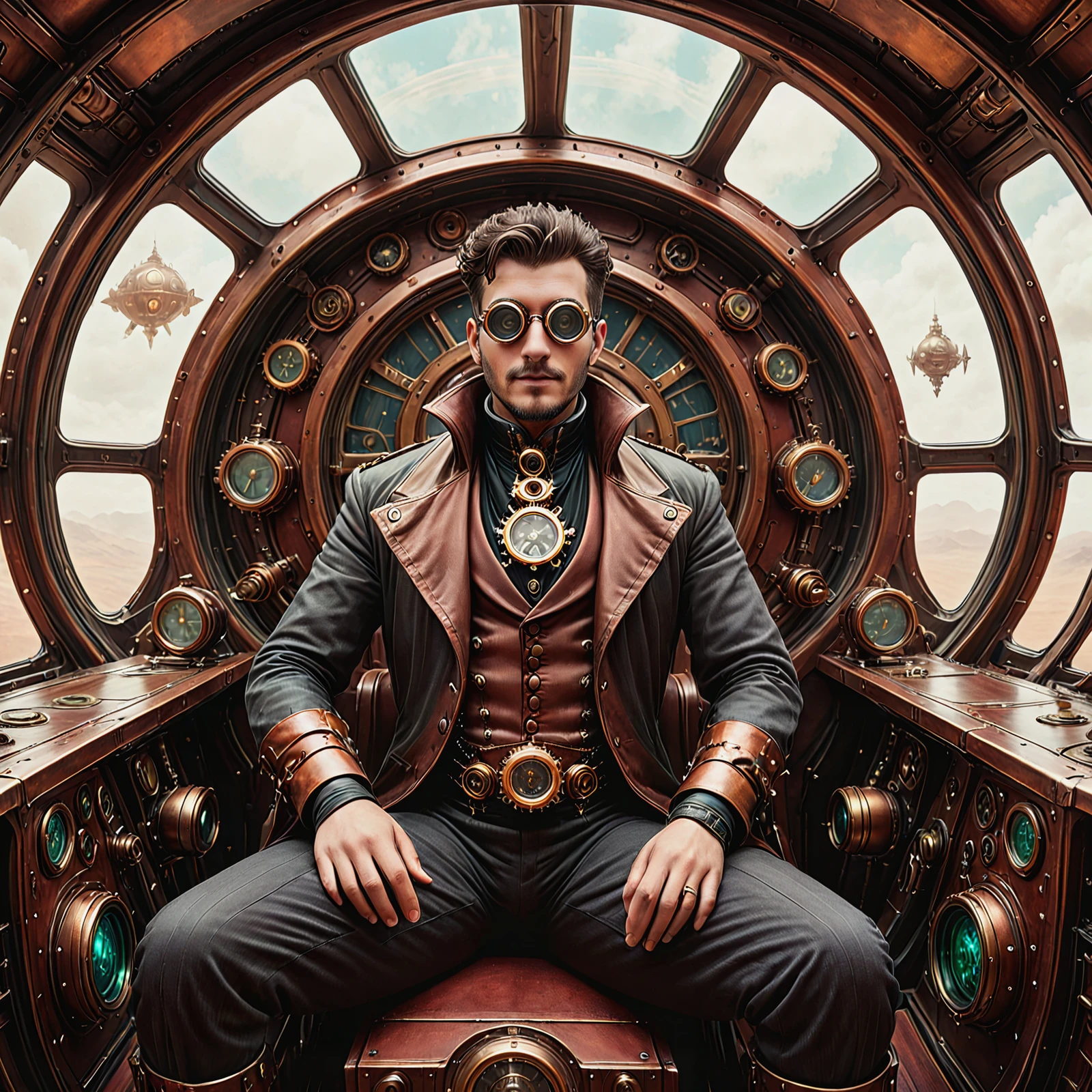 A man sitting in the cockpit of a steampunk spaceship.
<lora:Steampunk01_CE_XL_200-OT:0.6> stmpnkCE_style