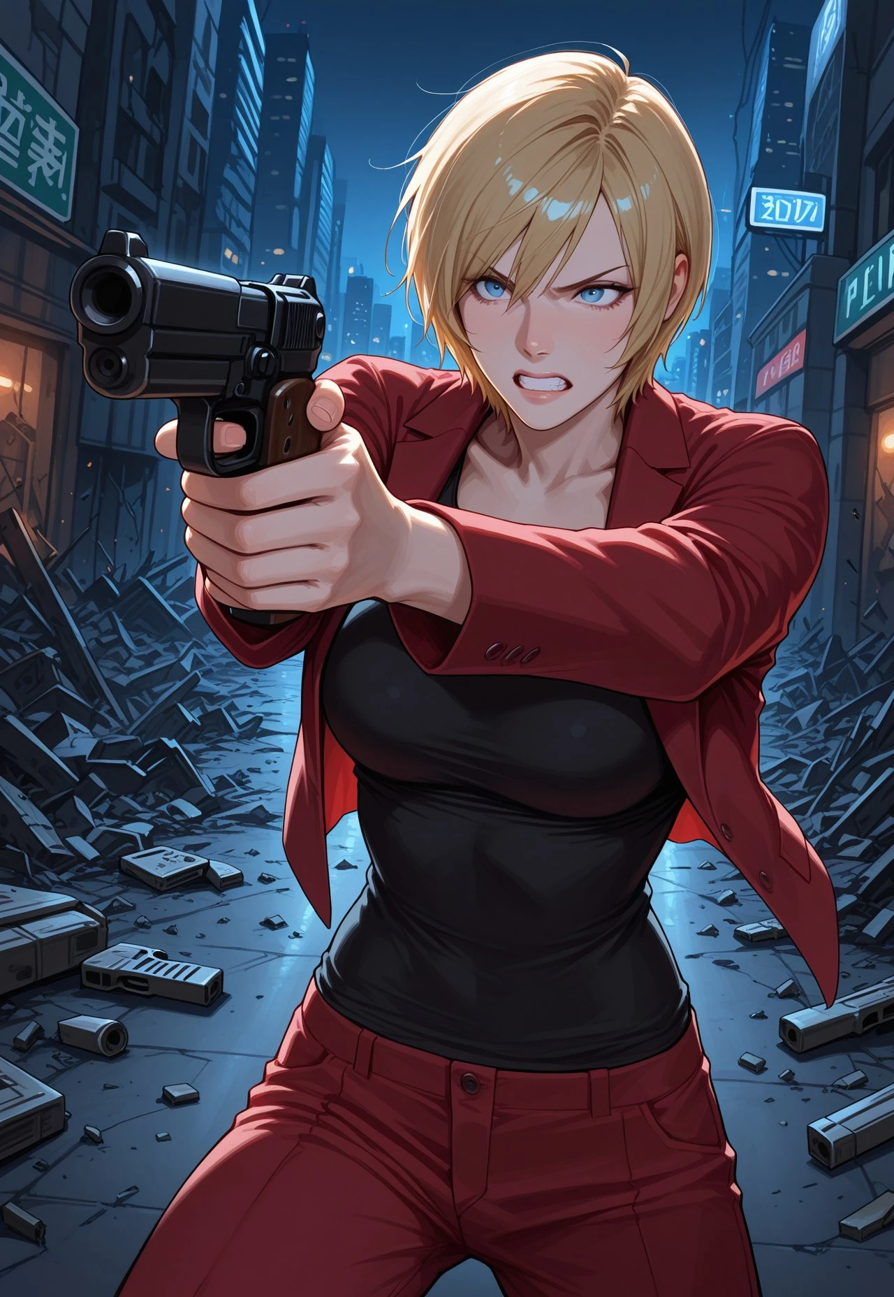 masterpiece, best quality, detailed, realistic, serious, clenched teeth, 1girl, solo, Alysreo, blonde hair, short hair, blue eyes, Red suit jacket, open jacket, black tanktop, red pants, holding gun, aiming off screen, city street, at night, destruction,