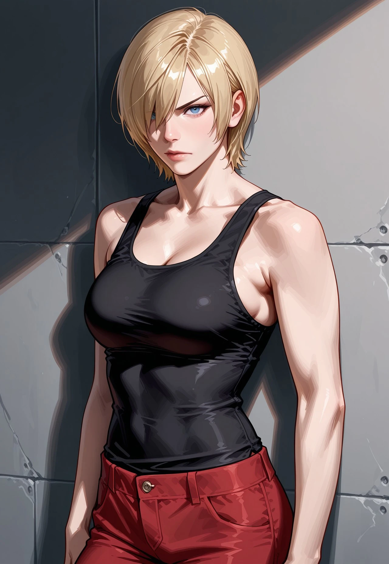 masterpiece, best quality, detailed, realistic, cowboy shot, serious, 1girl, solo, Alysreo, blonde hair, short hair, hair over one eye, blue eyes, black tanktop, red pants,