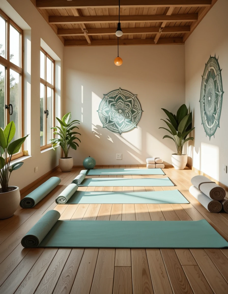 A serene and minimalist yoga studio, filled with natural light streaming through large floor-to-ceiling windows. The space features wooden floors, potted green plants in the corners, and soft neutral tones on the walls. Rolled yoga mats, meditation cushions, and neatly stacked blocks are arranged in an orderly fashion. A few Himalayan salt lamps emit a warm glow, adding to the calming atmosphere. The studio is empty and quiet, radiating peaceful energy, with a large mandala mural painted on one wall and gentle sunlight casting soft shadows across the room.yoga stud10, <lora:yoga_stud10-i:1>, Masterpiece,best quality,hi res,8k,hi res,8k,award winning,(sharp focus, intricate, highly detailed),