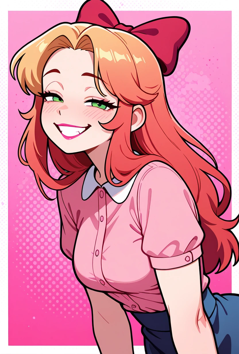 <lora:elizabafton-10:1> elizabafton, 1girl, red hair bow, long hair, blonde hair, green eyes, short sleeves, hot pink buttoned shirt, blue skirt, pink background, medium breasts, lipstick, smile, teeth, half closed eyes, leaning forward,, masterpiece, best quality, amazing quality, very aesthetic, absurdres, newest,, upper body, halftone effect, white borders, abstract background:1.2,