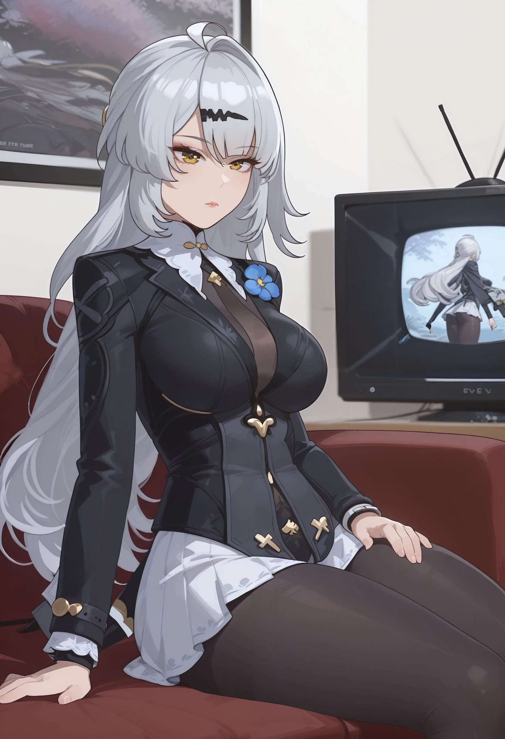 Adult Woman, short gray hair, spiked hair, Red Eyes, Black Eye Shadow, black lipstick, white aristocrat jacket, Black tight pants, Large breasts, musculature, toenails, lock, Sitting on a chair, masutepiece, hiquality, 4K, hard disk, good detail