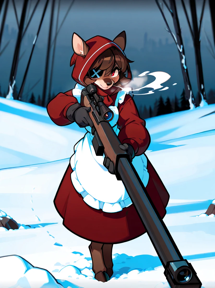 digital media \(artwork\), (masterpiece, high quality, best quality, 8k uhd, absurd res, very aesthetic, newest),solo, <lora:AppleSuizilla-Illustrious:1> anthro, deer, female, eyepatch, red eye, brown hair, short hair, brown body, red clothes, hood, white apron, hooves, sniper rifle, aiming weapon, breath, snow, black gloves,