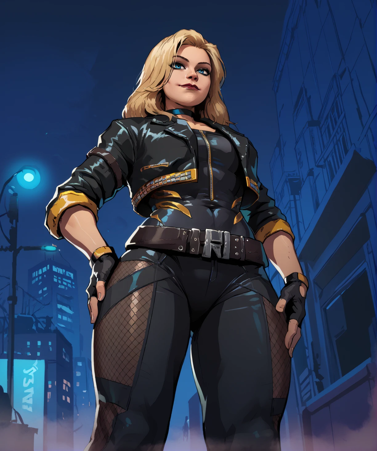 score_9, score_8_up, score_7_up, score_6_up, score_5_up, score_4_up,
blkcnryxl, blue eyes, blonde hair, makeup,
black body suit, black cropped jacket, choker, fingerless gloves, belt, hand on hip,
standing, from below, looking at viewer, light smile,
city, night,
<lora:BlackCanaryxl:1>,