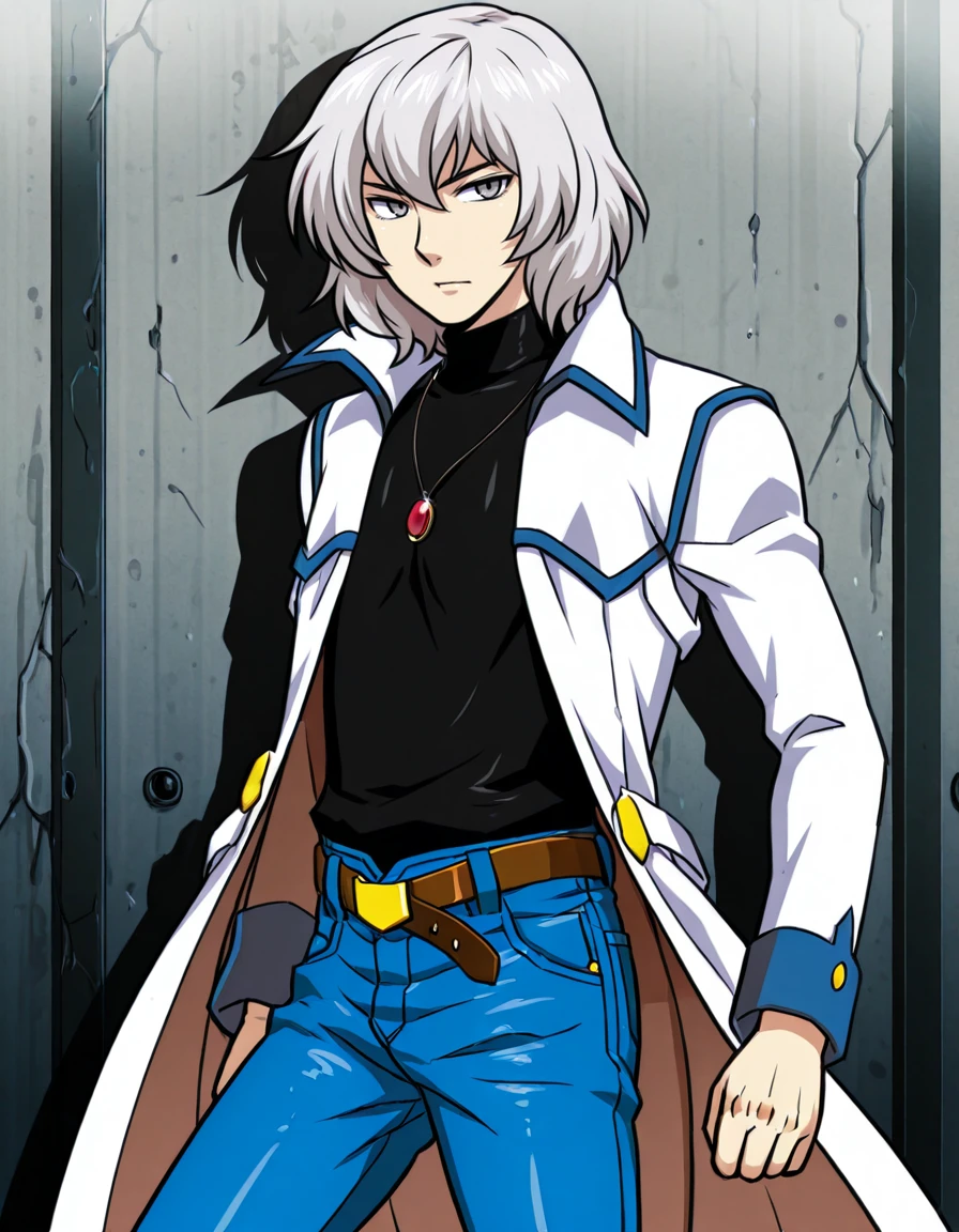 solo, 1boy, male focus, jewelry, belt, coat, denim, pants, jeans, necklace, turtleneck, white hair, grey eyes, pendant, soma cruz <lora:Soma_Cruz_Castlevania_Aria_of_SorrowIllustrious:1>  <lora:Amazon(Taitara)_IL:0.8> taitara