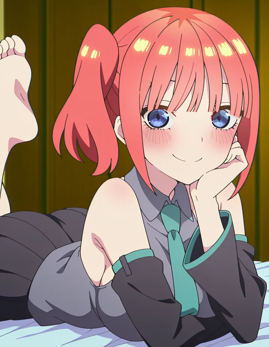 masterpiece, best quality, amazing quality,, <lora:nino-nakano-honeymoon-illustriousxl-lora-nochekaiser:1>, nino nakano, short hair, bangs, blue eyes, pink hair, blunt bangs, side ponytail, mature female, breasts, anime screencap, <lora:hatsune-miku-cosplay-illustriousxl-lora-nochekaiser:1>, hatsune miku cosplay, hatsune miku (cosplay), aqua necktie, black footwear, black skirt, black sleeves, boots, collared shirt, detached sleeves, grey shirt, necktie, pleated skirt, shirt, skirt, sleeveless, sleeveless shirt, thigh boots, tie clip,, <lora:the-pose-illustriousxl-lora-nochekaiser:1>, the pose, on stomach, feet up, lying, soles, feet, legs up, head rest, barefoot, from side, looking at viewer, ass, smile, blush, sideboob, naughty_face, , , ,