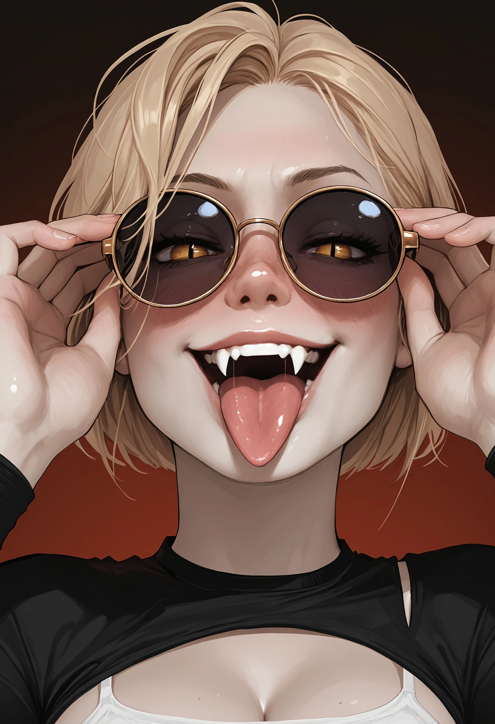 nvro2, 1girl, pale_skin, ear_blush, nose_blush, blush, round_sunglasses, eyewear, adjusting_eyewear, short_hair, short_bob_hair, (blonde_hair), vampire, fangs, smug, grin, full_lips, lips, parted_lips, tongue, tongue_out, long_tongue, forked_tongue, slit_pupils, (black shrug), layered_outfit, cropped cami top, spaghetti_strap, white_shirt, portrait, masterpiece, best quality, amazing quality, best resolution, incredibly absurdres, 4k, latest, <lora:4064c259-83c1-405d-bef5-fcc0f7e8c0ac:0.9>