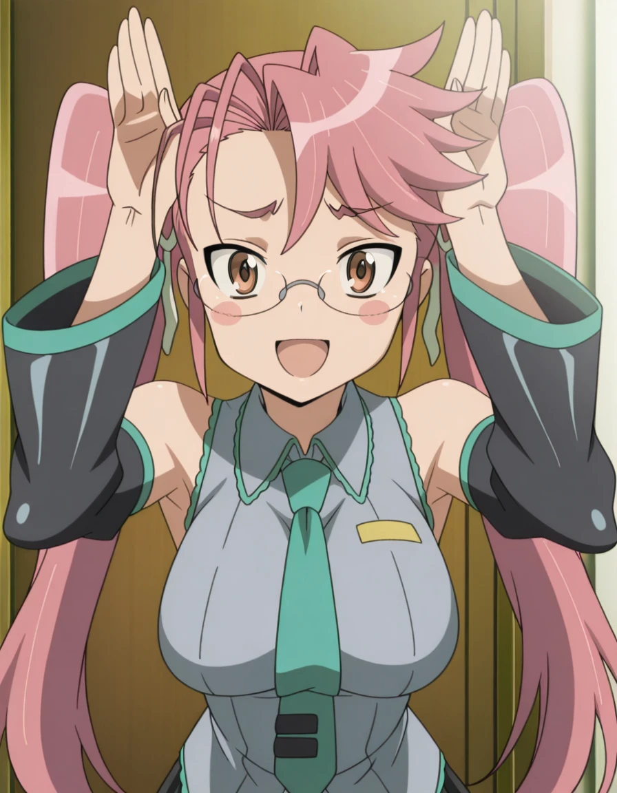 masterpiece, best quality, amazing quality,, <lora:saya-takagi-s1-illustriousxl-lora-nochekaiser:1>, saya takagi, takagi saya, long hair, ribbon, twintails, brown eyes, hair ribbon, pink hair, glasses, mature female, breasts, anime screencap, <lora:hatsune-miku-cosplay-illustriousxl-lora-nochekaiser:1>, hatsune miku cosplay, hatsune miku (cosplay), aqua necktie, black footwear, black skirt, black sleeves, boots, collared shirt, detached sleeves, grey shirt, necktie, pleated skirt, shirt, skirt, sleeveless, sleeveless shirt, thigh boots, tie clip,, <lora:rabbit-pose-illustriousxl-lora-nochekaiser:1>, rabbit pose, hands up, looking at viewer, smile, upper body, blush_stickers, open mouth, , ,