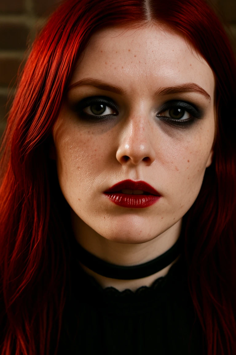 VioletGPT, gothic alt model, close-up portrait, pale freckled skin, long blood-red hair, dark smoky eye makeup, bold red lipstick, black choker, sharp facial features, intense expression, editorial lighting, cinematic shadows, lo-fi digital aesthetic, vintage flash grain, high detail, photorealistic