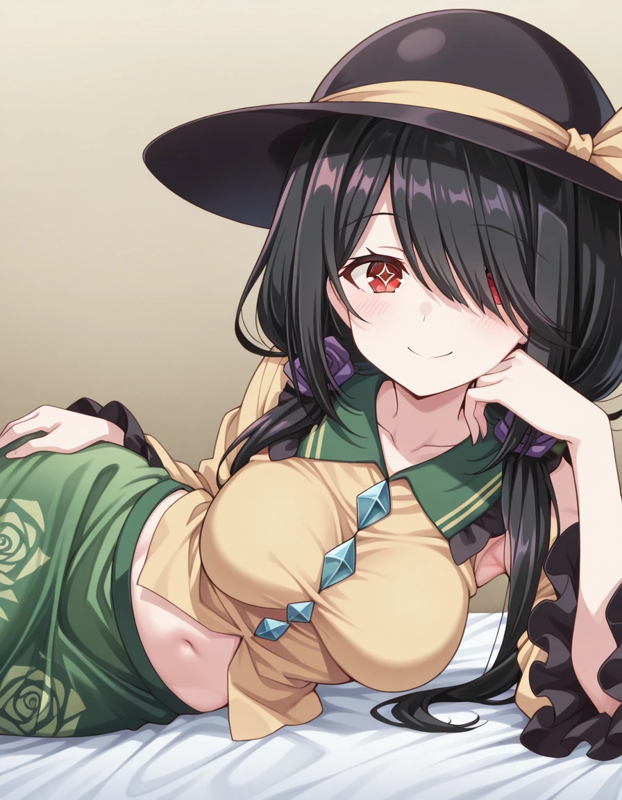 masterpiece, best quality, amazing quality,, <lora:kurumi-tokisaki-s2-illustriousxl-lora-nochekaiser:1>, kurumi tokisaki, black hair, red eyes, long hair, hair over one eye, twintails, low twintails, mature female, medium breasts, anime screencap, <lora:komeiji-koishi-cosplay-illustriousxl-lora-nochekaiser:1>, komeiji koishi cosplay, komeiji koishi (cosplay), black hat, buttons, collared shirt, diamond button, floral print, frilled shirt collar, frilled sleeves, frills, green skirt, hat, hat ribbon, long sleeves, rose print, shirt, skirt, wide sleeves, yellow shirt,, <lora:hand-on-own-hip-on-side-illustriousxl-lora-nochekaiser:1>, hand on own hip on side, looking at viewer, blush, smile, navel, collarbone, lying, armpits, stomach, hand on hip, bed, bed sheet, arm support, on bed, on side, head rest, hand on own thigh, symbol_shaped_pupils, , , ,