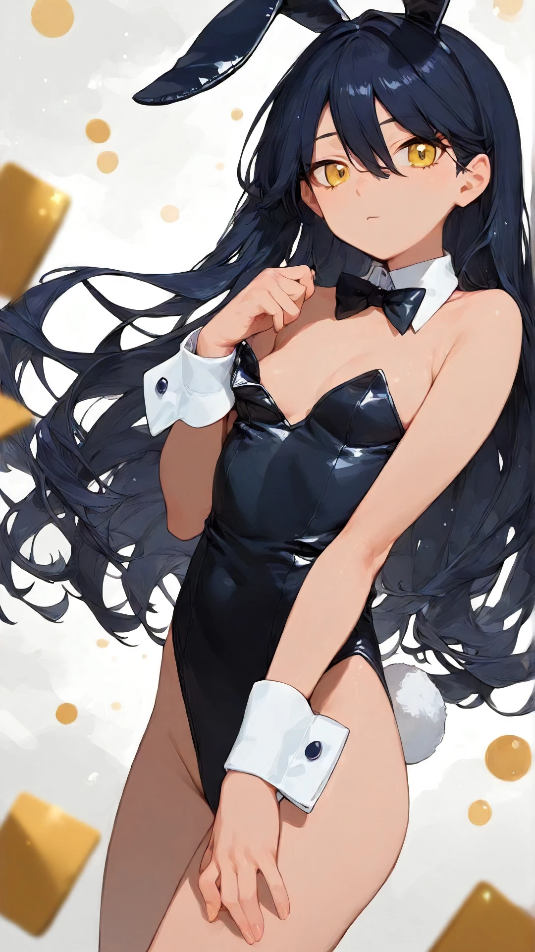 nyaan_gundam_gquuuuuux, an anime girl,  1girl, solo, long hair, breasts, looking at viewer, simple background, black hair, white background, bow, animal ears, tail, yellow eyes, cowboy shot, small breasts, bowtie, rabbit ears, leotard, wrist cuffs, bare legs, detached collar, playboy bunny, rabbit tail, black leotard