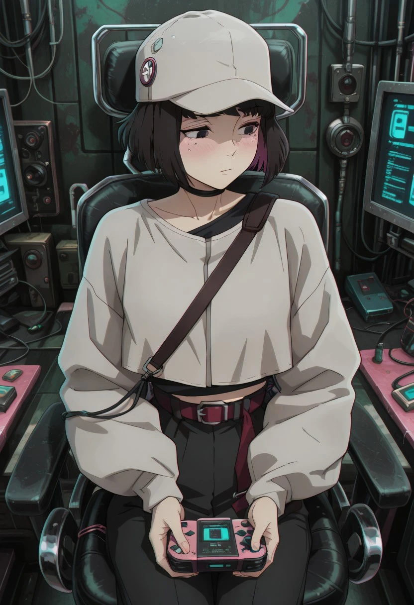 masterpiece, best quality, amazing quality, very aesthetic, absurdres, newest, chromatic aberration, (solo), pink blush, Eleina,  long sleeves, short hair, mole under left eye, hacker, cap, code, adult woman