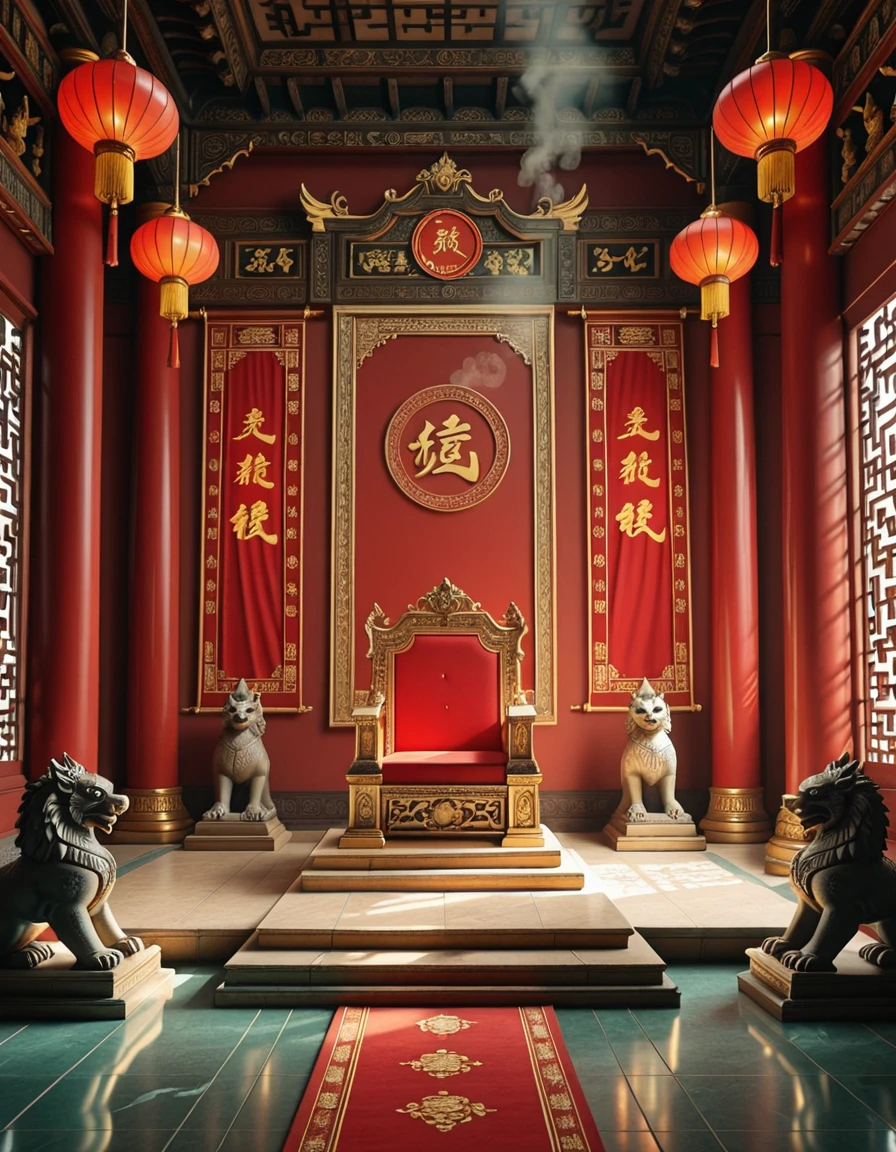 A majestic Chinese throne room, inspired by the grandeur of the Forbidden City, with intricately carved red and gold columns, glowing lanterns hanging from the ornate wooden ceiling, and large silk banners displaying imperial dragons. The throne is elevated on a golden platform with detailed engravings, flanked by stone guardian lions and surrounded by polished jade flooring. The air is filled with incense smoke, creating a mystical, regal atmosphere under soft natural light filtering through lattice windows. No people are present.Chinese throne r00m, <lora:Chinese_throne_r00m-i:1>, Masterpiece,best quality,hi res,8k,hi res,8k,award winning,(sharp focus, intricate, highly detailed),