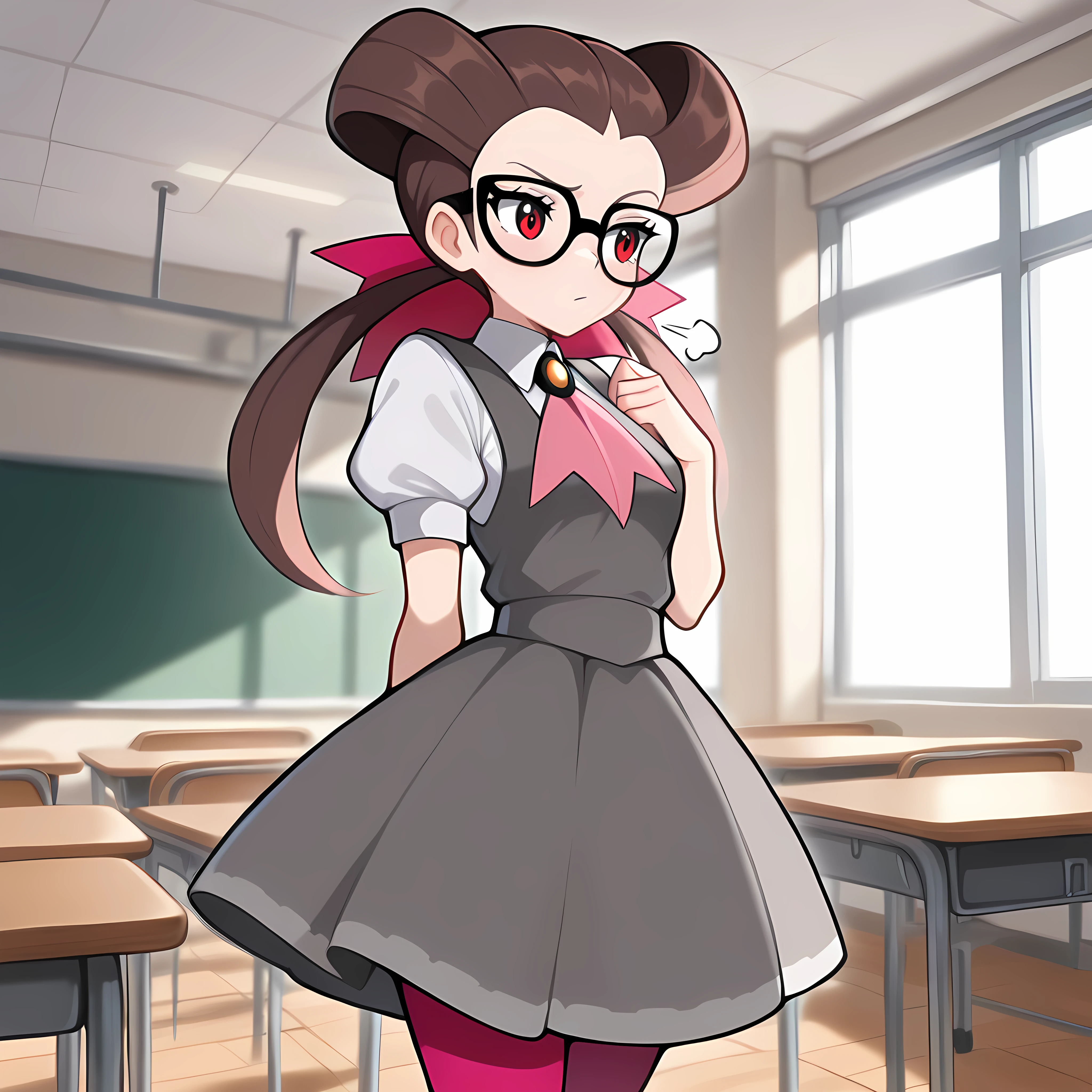 Masterpiece, newest, perfect quality, best quality, 1girl, solo, cowboy shot, indoors, classroom, thick glasses, sigh, exhale, Or4sR0x, red eyes, brown hair, twintails, long hair, hair pulled back, grey dress, pinafore dress,sleeveless dress, white shirt, pink pantyhose, short sleeves, black mary janes, pink ascot, pink hair ribbon, white collared shirt