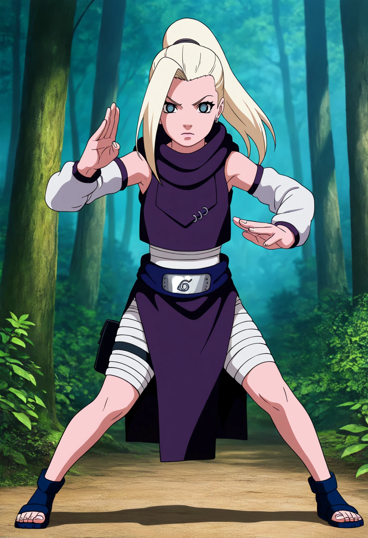 best quality, amazing quality, very aesthetic, absurdres,
1girl, yamanaka ino, blonde hair, high ponytail, long hair, blue eyes,
earrings, bandages,
detached sleeves, belt, ninja,
sandals,
fighting stance, full body, looking at viewer, solo, standing, outdoors, forest <lora:InoYamanakaGeninNoobXL_byKonan:1>