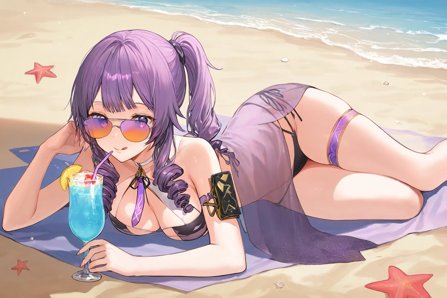 best aesthetic, lolsplashart, pool missfortune, 1girl, solo, long hair, breasts, back towards viewer, looking at viewer, smile, bangs, very large breasts, really huge butt, big butt, massive butt, swimsuit, cleavage, pink lipstick, kiss marks, green eyes, magenta hair, pink hair, outdoors, sky, day, bikini, cloud, tree, water, pedal, blue sky, butterfly wings, purple bikini, pink pool float, inflatable butterfly wings, arm floaties, beach ball, sunglasses, palm tree, beachball, beach umbrella, ocean waves, a beautiful young woman with long pink hair, wearing a purple bikini and sunglasses, lounging on a pool float while kissing a beach ball in a sparkling blue pool. She is surrounded by tropical flowers and palm trees, and the scene is set against a backdrop of a bright blue sky with fluffy white clouds. The woman's pose is sexy and seductive as she floats in the pool, enjoying the sunshine. The colorful flowers, pool float, and her bold purple bikini all contribute to the fun, summery vibe. The overall atmosphere is cheerful and lighthearted, capturing the essence of a perfect poolside day.