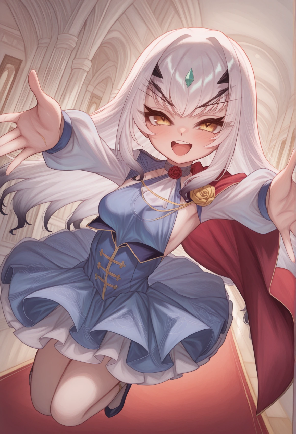 traditional media, watercolor (medium), solo, 1girl, small breasts, forked eyebrows, white hair, long hair, gradient hair, yellow eyes, v-shaped eyebrows,blue dress, dress, flower, white shirt, long sleeves. miniskirt, sideboob, skirt hold, indoors, ballroom, red cape, bare legs, rose, indoors, hallway, reaching towards viewer, jumping towards viewer, smile, upper teeth only, XD, very happy, incoming hug, <lora:Melusine_illus:1> <lora:mochi_illus:1>, masterpiece, best quality, amazing quality, very aesthetic, absurdres, highres, newest