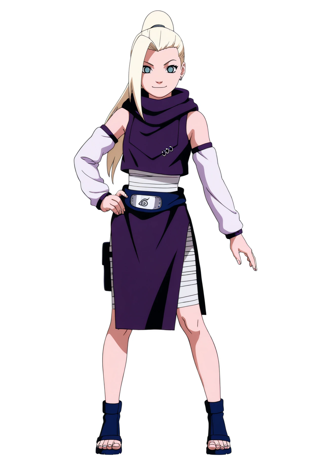 best quality, amazing quality, very aesthetic, absurdres,
1girl, yamanaka ino, blonde hair, high ponytail, long hair, blue eyes,
earrings, bandages,
detached sleeves, belt, ninja,
sandals,
full body, standing,
smile, looking at viewer, simple background, white background, <lora:InoYamanakaGeninNoobXL_byKonan:1>