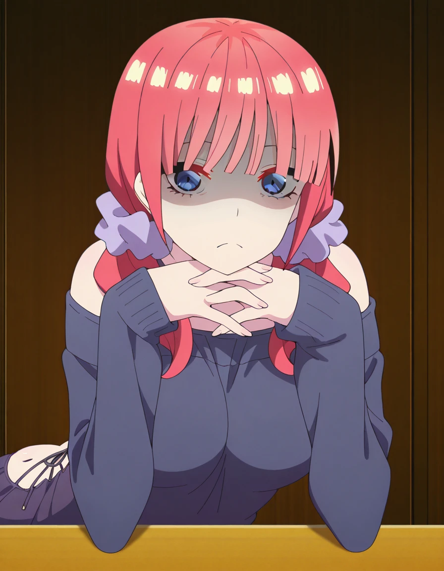 masterpiece, best quality, amazing quality,, <lora:nino-nakano-honeymoon-illustriousxl-lora-nochekaiser:1>, nino nakano, bangs, blue eyes, hair ornament, twintails, pink hair, blunt bangs, medium hair, scrunchie, eyebrows hidden by hair, purple scrunchie, mature female, breasts, anime screencap, <lora:guitar-little-sis-illustriousxl-lora-nochekaiser:1>, guitar little sis, ass zipper, ass cutout, cross-laced dress, blue sweater, butt crack, backless outfit, sleeves past wrists,, <lora:gendou-pose-illustriousxl-lora-nochekaiser:1>, gendou pose, own hands clasped, own hands together, parody, shaded face, looking at viewer, frown, elbow rest,, slit_pupils, , , ,