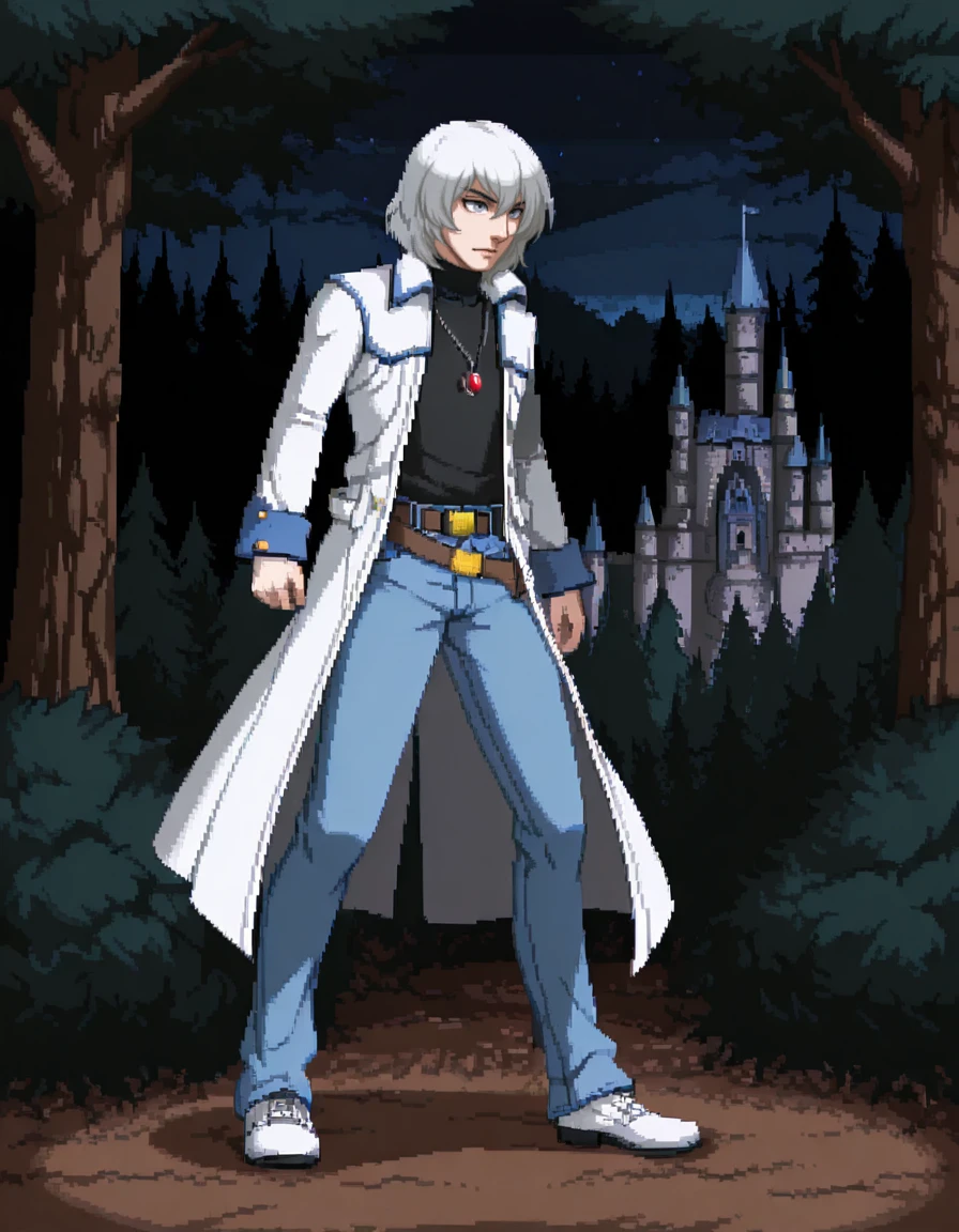 solo, 1boy, male focus, jewelry, belt, coat, denim, pants, jeans, necklace, turtleneck, white hair, grey eyes, pendant, soma cruz <lora:Soma_Cruz_Castlevania_Aria_of_SorrowIllustrious:1> <lora:Amazon(Taitara)_IL:0.8> taitara, castle, forest, night, realistic <lora:Dengeki_Bunko-illus_Fp:0.8> full body, pixel art,