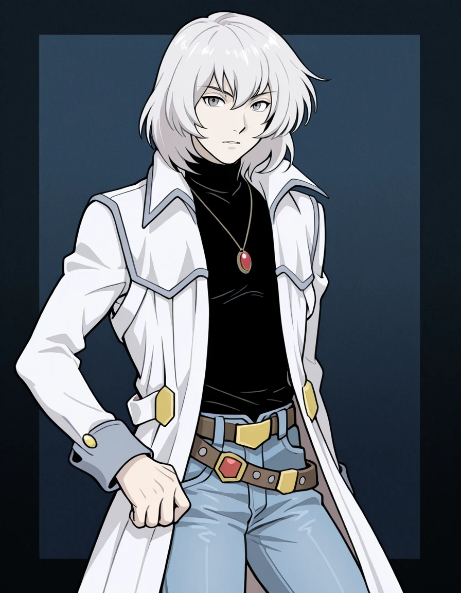 1boy, male focus, jewelry, belt, coat, denim, pants, jeans, necklace, turtleneck, white hair, grey eyes, pendant, soma cruz <lora:Soma_Cruz_Castlevania_Aria_of_SorrowIllustrious:1>