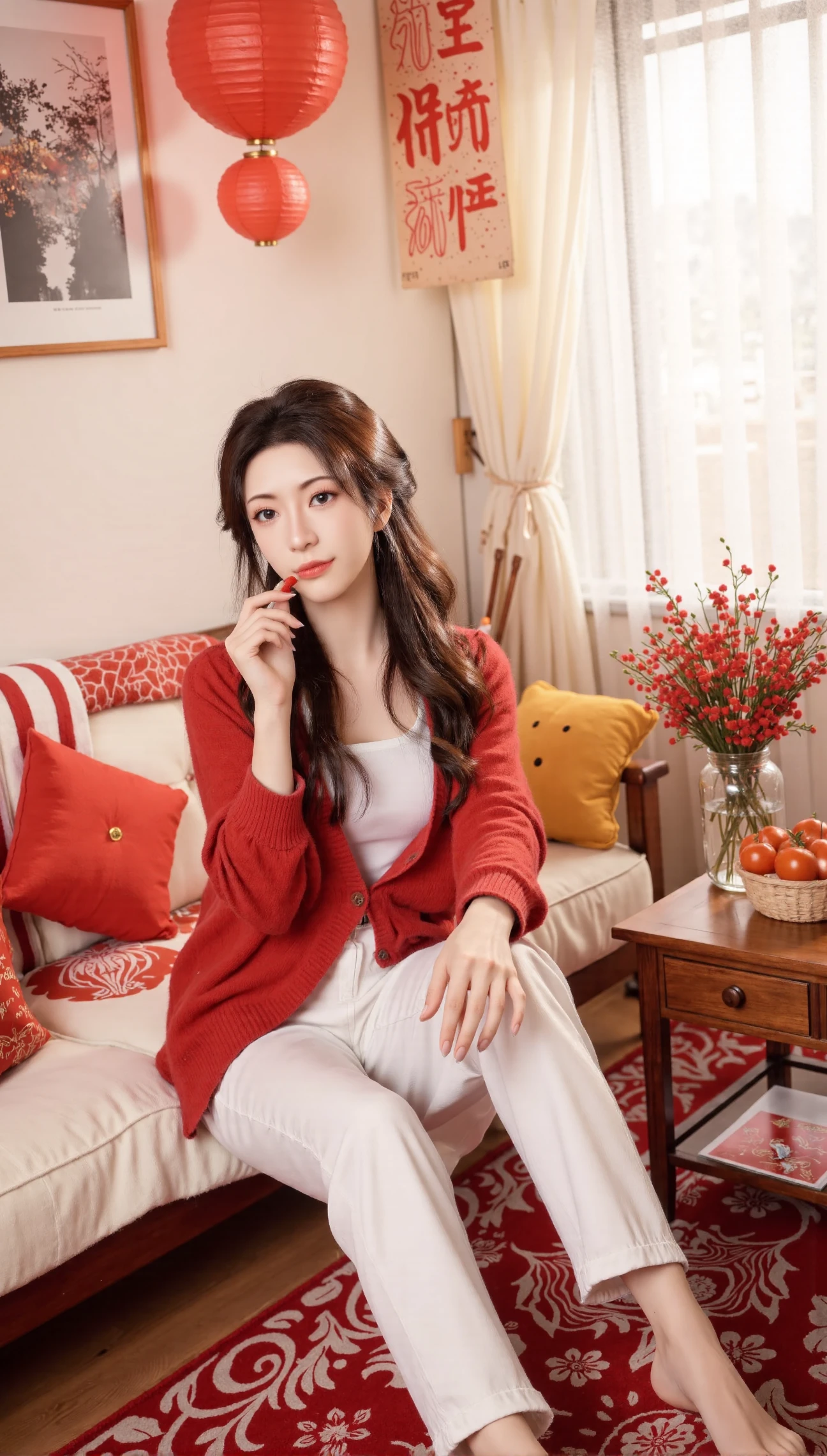 Photos of the Chinese New Year,Xnangongwan,Xyaoxi,Xxiaolan,Xningyudie,XliwuwanH,Photos of the Chinese New Year,The image shows a young woman sitting on a red and white checkered floor in a living room. She is wearing a red cardigan over a white top and white pants. She has long dark hair and is smiling as she holds a red lollipop in her hand. On the right side of the image,there is a wooden coffee table with a vase of red flowers and a basket of tomatoes. Behind the woman,there are two red heart-shaped pillows and a yellow stuffed animal. The room has a large window with white curtains and a painting hanging on the wall.,(huge breasts:2.99),(full breasts:2.99),Chinese traditional Spring Festival theme background,lanterns,New Year couplets,window decorations,Fireworks Show,