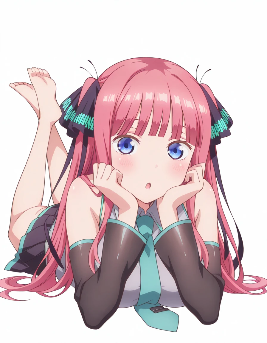 masterpiece, best quality, amazing quality,, <lora:nino-nakano-s1-illustriousxl-lora-nochekaiser:1>, nino nakano, nakano nino, long hair, bangs, blue eyes, hair ornament, hair ribbon, pink hair, blunt bangs, two side up, butterfly hair ornament, mature female, breasts, anime screencap, <lora:hatsune-miku-cosplay-illustriousxl-lora-nochekaiser:1>, hatsune miku cosplay, hatsune miku (cosplay), aqua necktie, black footwear, black skirt, black sleeves, boots, collared shirt, detached sleeves, grey shirt, necktie, pleated skirt, shirt, skirt, sleeveless, sleeveless shirt, thigh boots, tie clip,, <lora:the-pose-illustriousxl-lora-nochekaiser:1>, the pose, on stomach, feet up, lying, soles, feet, legs up, head rest, barefoot, cleavage, ass, looking at viewer, smile, blush,, :o, , <lora:transparent-background-illustriousxl-lora-nochekaiser:1>, transparent background, simple background, white background, ,