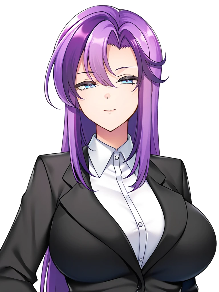 1girl, suzakuin ayaka, blue eyes, long hair, asymmetrical hair, purple hair, large breasts, white background, upper body, smile, closed mouth, narrowed eyes, looking at viewer, formal, black jacket, white shirt,