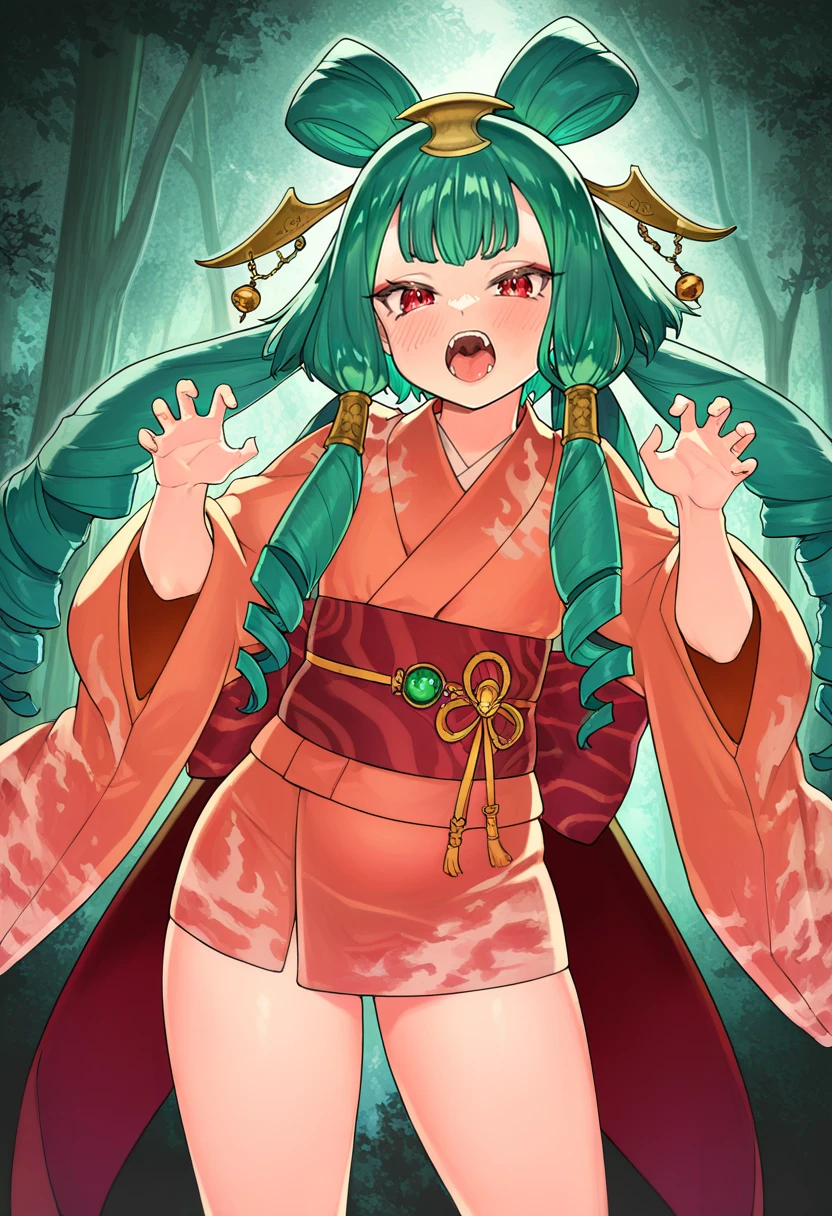 A nine-tailed fox in human form would be a mystical and enchanting figure. Your big, expressive eyes, unusual colors like amber or red, would reflect a penetrating and mysterious glow. Your long hair, smooth and shiny, would range from deep black to silver or fiery red. Pointy, vulpine ears would emerge from the top of its head., while its nine majestic tails, dense and soft, they would move with grace. Your pale skin would have an unearthly glow, and their traditional Japanese costumes, like a kimono with intricate patterns and vibrant colors, would highlight even more its beauty and power.