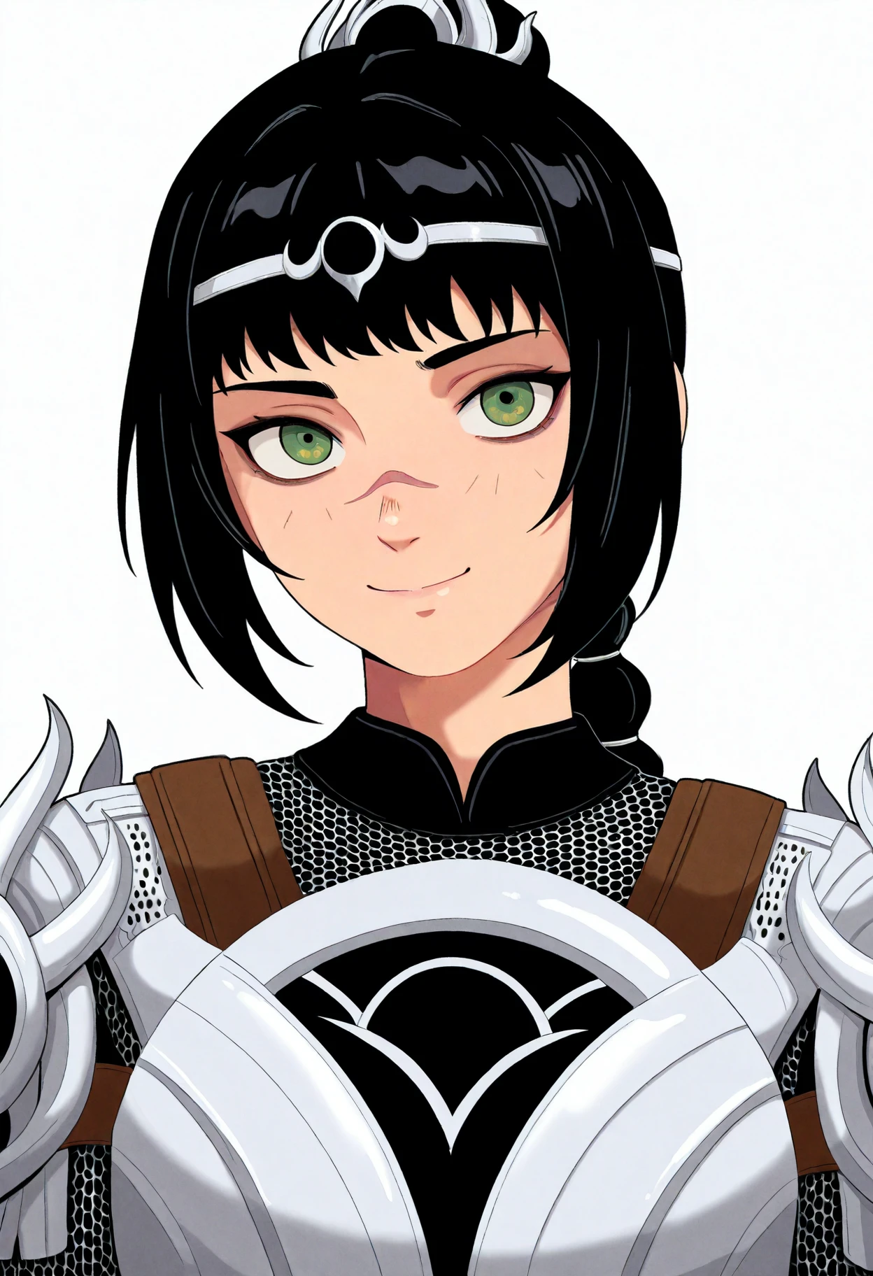 best quality, amazing quality, very aesthetic, absurdres,
1girl, solo, shadowheart, black hair, braided ponytail, green eyes, scar on face, circlet, armor,
smile, looking at viewer, upper body, simple background, white background, <lora:ShadowHeartIllustrious_byKonan:0.8>, <lora:CelebelianNoob_byKonan:1>