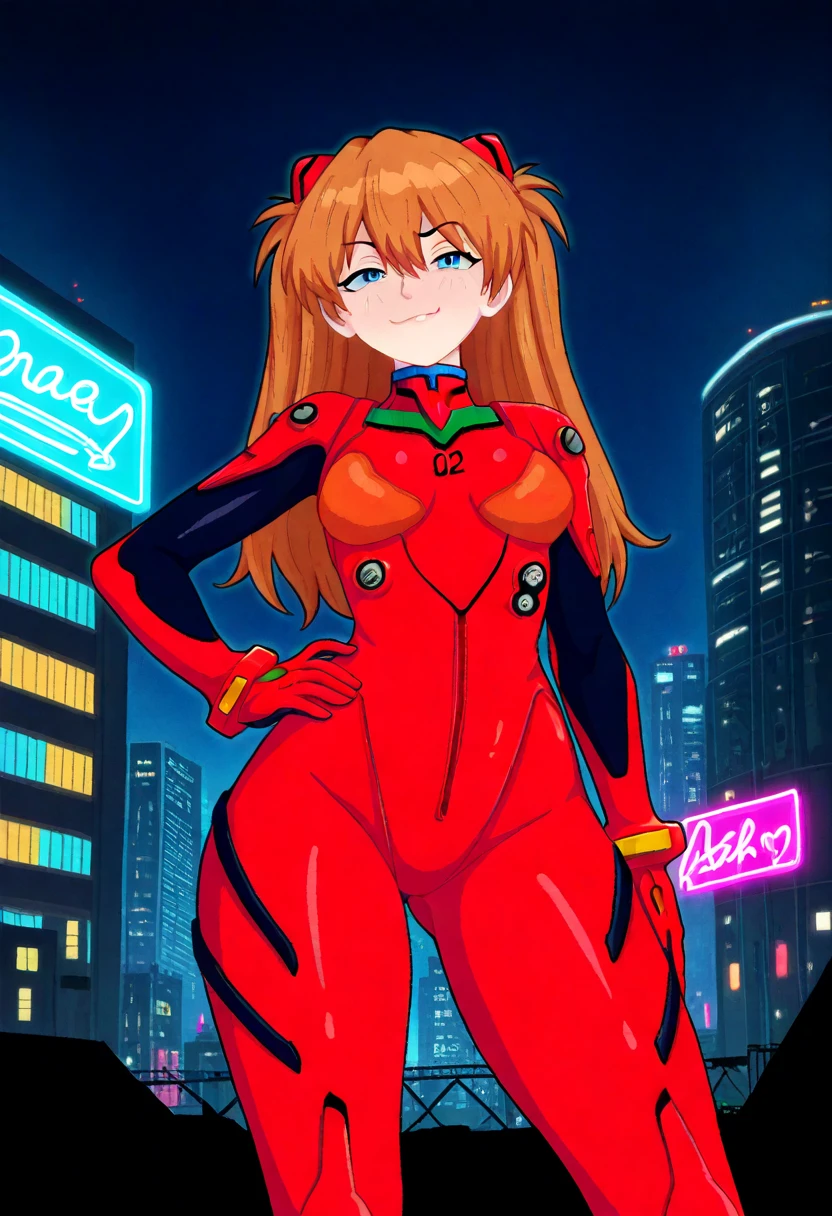 best quality, amazing quality, very aesthetic, absurdres,
1girl, asuka langley, red plugsuit, standing, smug, looking at viewer, futuristic background, neon light , buildings, night, <lora:CelebelianNoob_byKonan:1>
