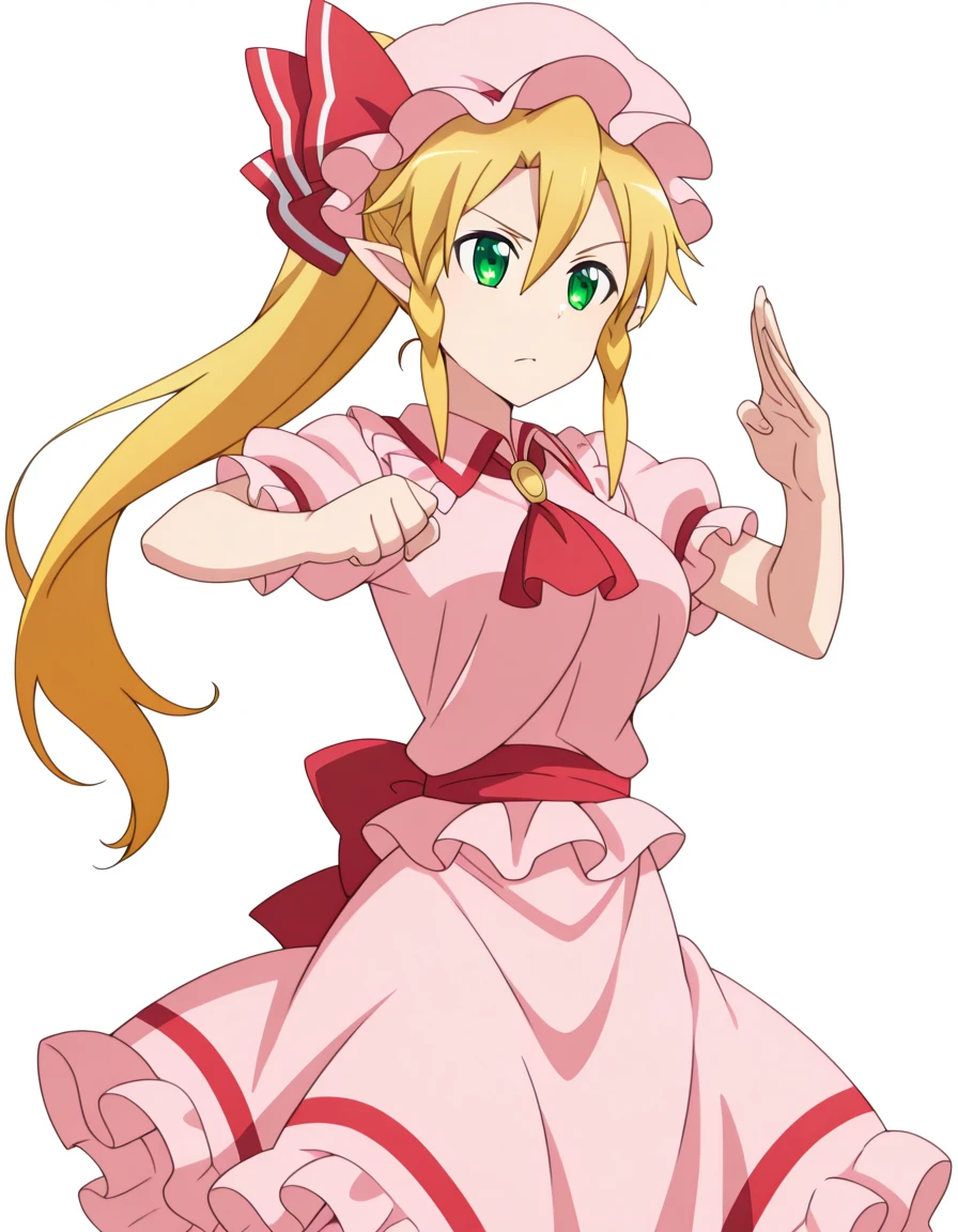 masterpiece, best quality, amazing quality,, <lora:suguha-kirigaya-s1-illustriousxl-lora-nochekaiser:1>, suguha kirigaya, leafa (sao), long hair, blonde hair, hair between eyes, green eyes, ponytail, braid, pointy ears, twin braids, mature female, breasts, anime screencap, <lora:remilia-scarlet-cosplay-illustriousxl-lora-nochekaiser:1>, remilia scarlet cosplay, remilia scarlet (cosplay), ascot, collared shirt, crystal, frilled shirt collar, frilled skirt, frills, hat, hat ribbon, mob cap, pink hat, pink shirt, pink skirt, red ascot, red ribbon, ribbon, shirt, short sleeves, skirt, wings,, <lora:kung-fu-illustriousxl-lora-nochekaiser:1>, kung fu, martial arts, training, fighting stance, cowboy shot, abashed, , <lora:transparent-background-illustriousxl-lora-nochekaiser:1>, transparent background, simple background, white background, ,