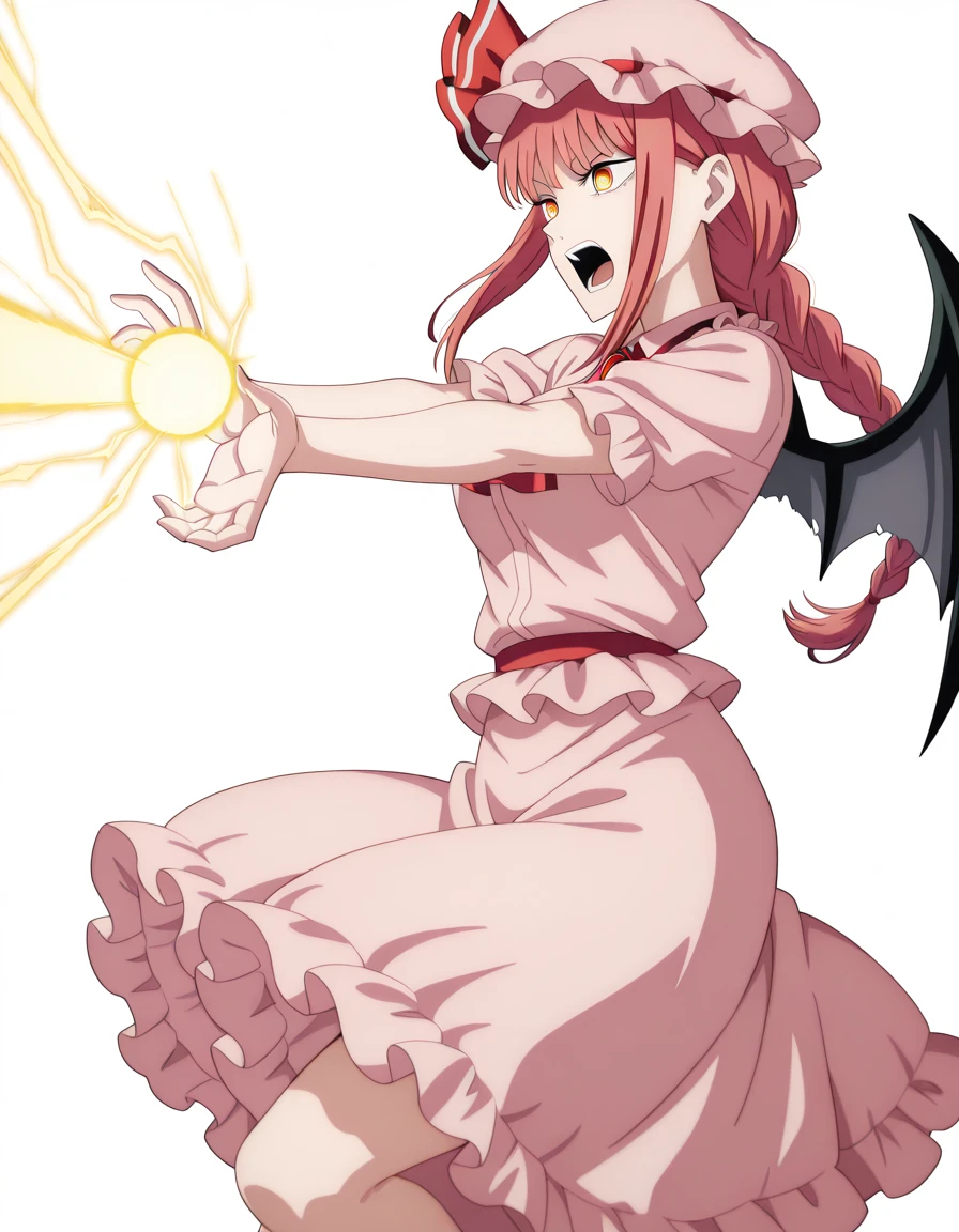 masterpiece, best quality, amazing quality,, <lora:chainsawman-makima-s1-illustriousxl-lora-nochekaiser:1>, makima, makima (chainsaw man), long hair, bangs, yellow eyes, braid, red hair, braided ponytail, ringed eyes, mature female, medium breasts, anime screencap, <lora:remilia-scarlet-cosplay-illustriousxl-lora-nochekaiser:1>, remilia scarlet cosplay, remilia scarlet (cosplay), ascot, collared shirt, crystal, frilled shirt collar, frilled skirt, frills, hat, hat ribbon, mob cap, pink hat, pink shirt, pink skirt, red ascot, red ribbon, ribbon, shirt, short sleeves, skirt, wings,, <lora:kamehameha-illustriousxl-lora-nochekaiser:1>, kamehameha, kamehameha (dragon ball), open mouth, incoming attack, torn clothes, shouting, energy, energy beam, energy ball, from side, electricity,, evil_smile, open mouth, <lora:transparent-background-illustriousxl-lora-nochekaiser:1>, transparent background, simple background, white background, ,