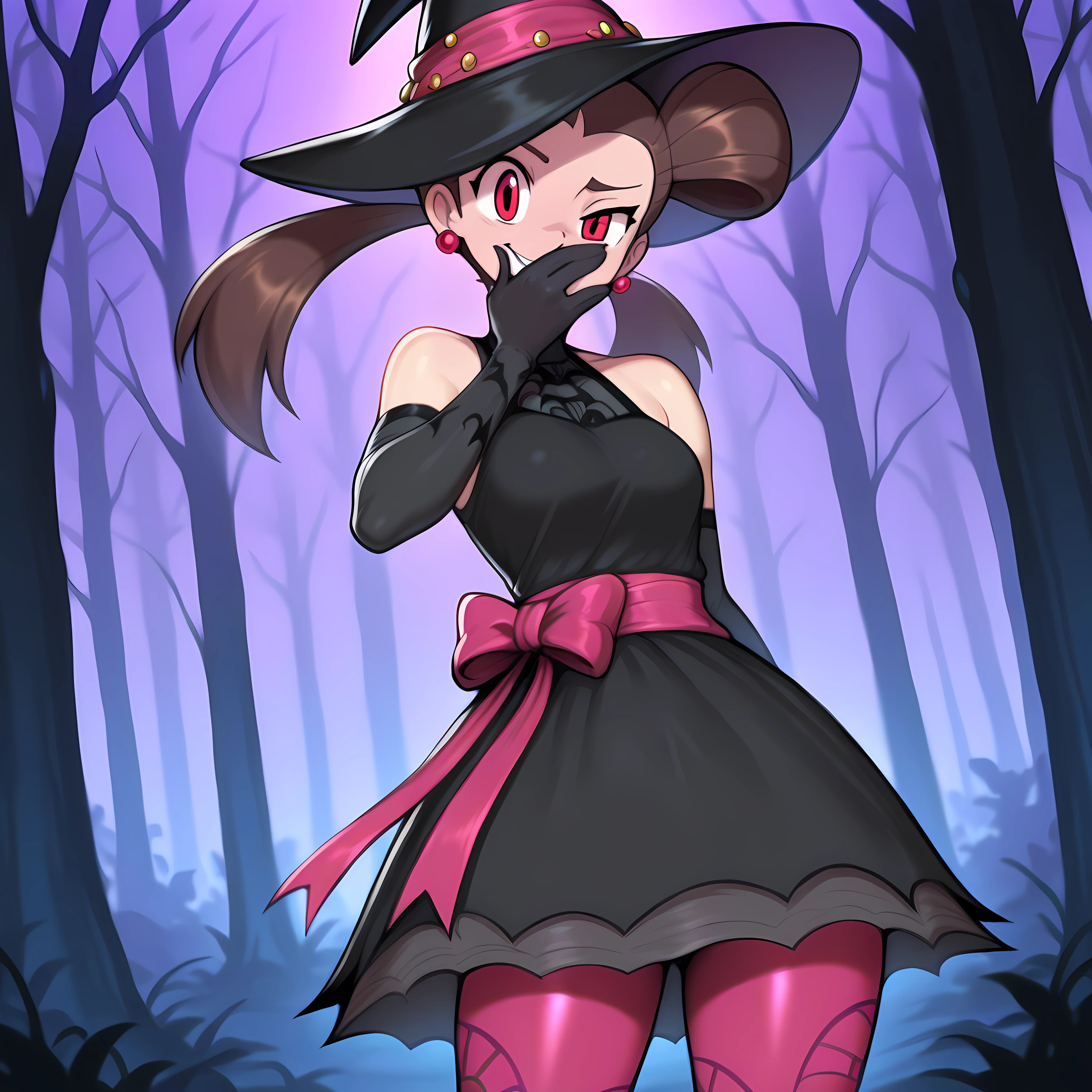 Masterpiece, newest, perfect quality, best quality, 1girl, solo, cowboy shot, outdoors, night, spooky, forest, mist, purple flames, looking at viewer, giggle, chuckle, hand over mouth, M4stR0x, red eyes, brown hair, twintails, halloween costume, official alternate costume, elbow gloves, witch hat,bare shoulders, pink sash, black headwear, sleeveless dress, shoes, black footwear, ribbon, jewelry, earrings, pink pantyhose, black dress