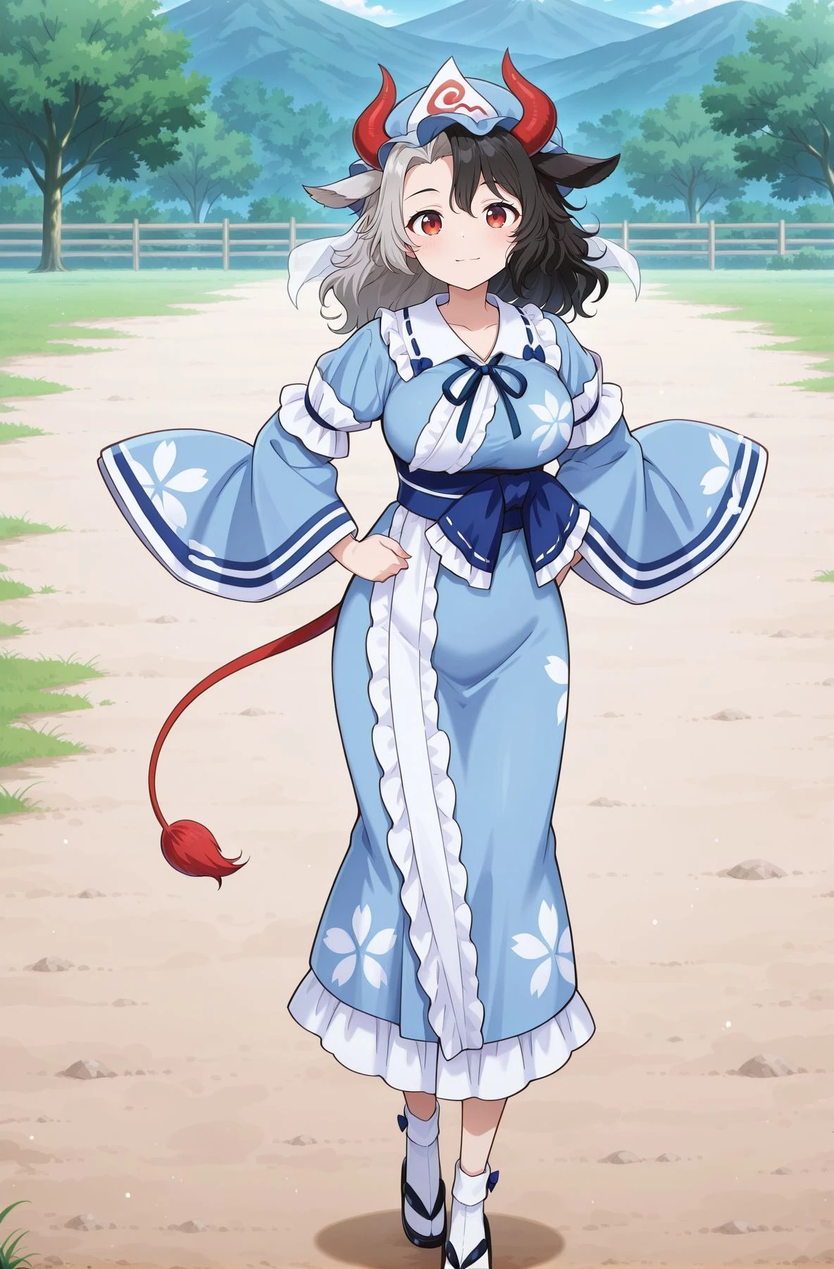 absurdres, highres, masterpiece, best quality, amazing quality, official anime artwork, screencap, anime screencap, outdoors, looking at viewer, light smile, dynamic pose, standing,
<lora:Urumi-Ushizaki_Illustrious:1> ushizaki urumi, 1girl, solo, red eyes, two-tone hair, black hair, grey hair, long hair, cow ears, cow horns, red horns, cow tail,
<lora:Yuyuko-Saigyouji_IllustriousV3:0.5> saigyouji yuyuko (cosplay), blue hat, mob cap, triangular headpiece, blue neck ribbon, blue kimono, frilled kimono, long sleeves, wide sleeves, floral print, blue ribbon, white socks, black sandals,