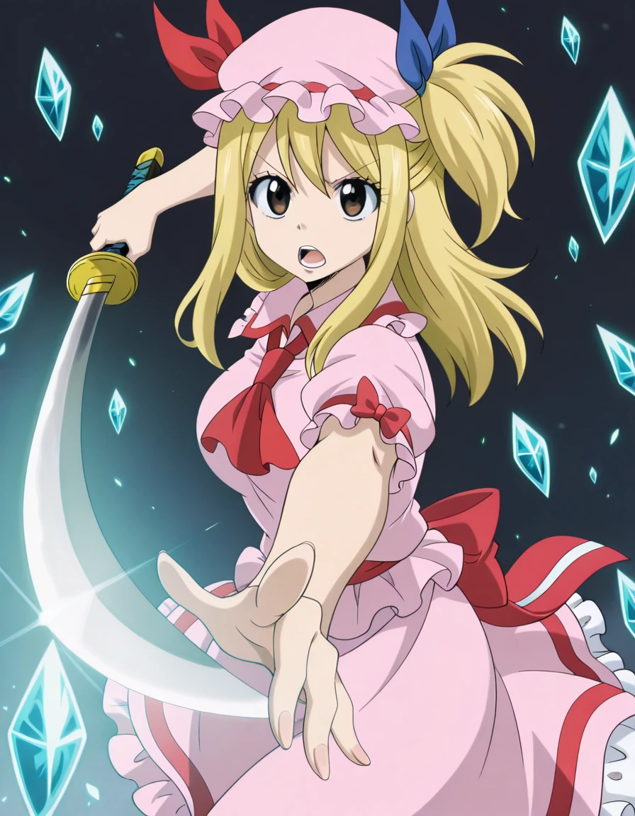 masterpiece, best quality, amazing quality,, <lora:lucy-heartfilia-s1s3s7-illustriousxl-lora-nochekaiser:1>, lucy heartfilia, one side up, ribbon, hair ribbon, blue ribbon, blonde hair, brown eyes, long hair, mature female, breasts, anime screencap, <lora:remilia-scarlet-cosplay-illustriousxl-lora-nochekaiser:1>, remilia scarlet cosplay, remilia scarlet (cosplay), ascot, collared shirt, crystal, frilled shirt collar, frilled skirt, frills, hat, hat ribbon, mob cap, pink hat, pink shirt, pink skirt, red ascot, red ribbon, ribbon, shirt, short sleeves, skirt, wings,, <lora:gatotsu-stance-illustriousxl-lora-nochekaiser:1>, gatotsu stance, weapon, sword, katana, holding weapon, holding, holding sword, foreshortening,, annoyed, open mouth, , ,