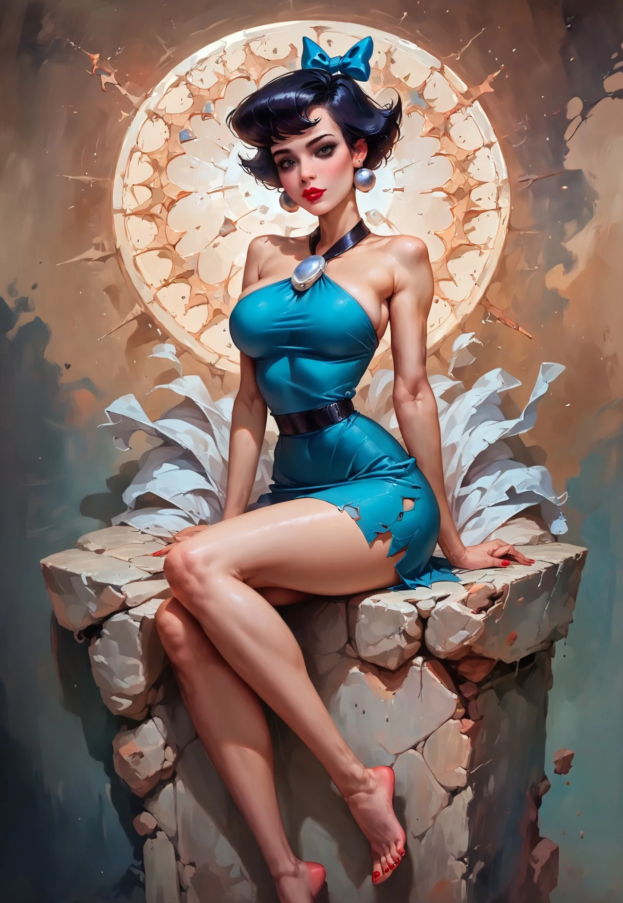 score_9, score_8_up, score_7_up, score_6_up, rating_explicit, score_9, score_8_up, score_8, Expressiveh, epiCPhoto, semi realistic,
 (best quality:1.1), (masterpiece:1.2), (realistic:1.2), (detailed:1.1), (highres, best quality:1.2),
 The Flintstones style, 
BREAK,1girl,  Betty Rubble, black hair, short hair,  blue hair bow, black eyes beautiful face,
sleeveless, halter neck dress, light blue dress, single shoulder strap with halter tie around neck, white circular brooch clasp at throat, a 'torn', jagged hem,  asymmetrical hem, mini skirt, barefoot, Perfect feet, red painted toenails, lipstick, mature female, milf, beautiful face, large breasts, wide hips, narrow waist, thick thighs, skinny, (mature woman) )