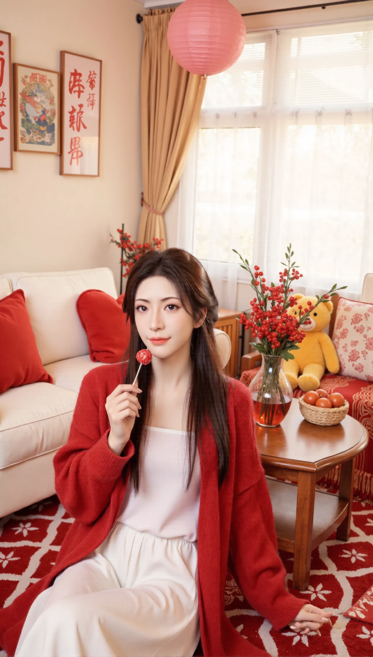 Photos of the Chinese New Year,Xnangongwan,Xyaoxi,Xxiaolan,Xningyudie,XliwuwanH,Photos of the Chinese New Year,The image shows a young woman sitting on a red and white checkered floor in a living room. She is wearing a red cardigan over a white top and white pants. She has long dark hair and is smiling as she holds a red lollipop in her hand. On the right side of the image,there is a wooden coffee table with a vase of red flowers and a basket of tomatoes. Behind the woman,there are two red heart-shaped pillows and a yellow stuffed animal. The room has a large window with white curtains and a painting hanging on the wall.,(huge breasts:2.99),(full breasts:2.99),Chinese traditional Spring Festival theme background,lanterns,New Year couplets,window decorations,Fireworks Show,